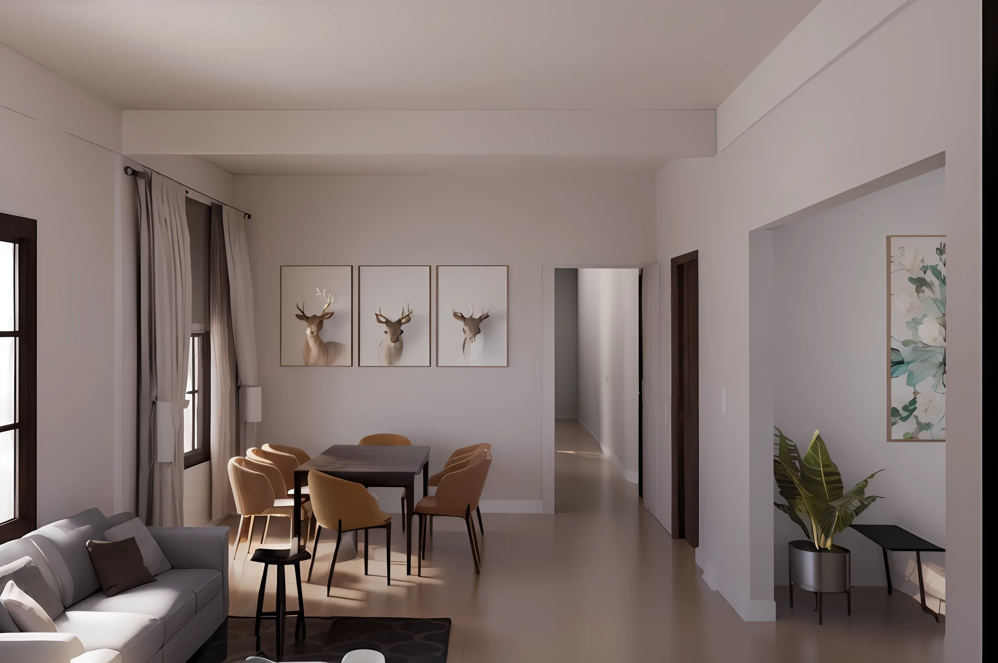 there is a living room with a couch, table, chairs and a painting, very realistic 3 d render, photorealistic rendering, highly photographic render, realistic physical rendering, rendered in unreal engine 6, a photorealistic rendering, natural realistic render, rendered in unreal engine 5, very realistic render, professional render, highly detailed 3 d render, with photorealistic lighting