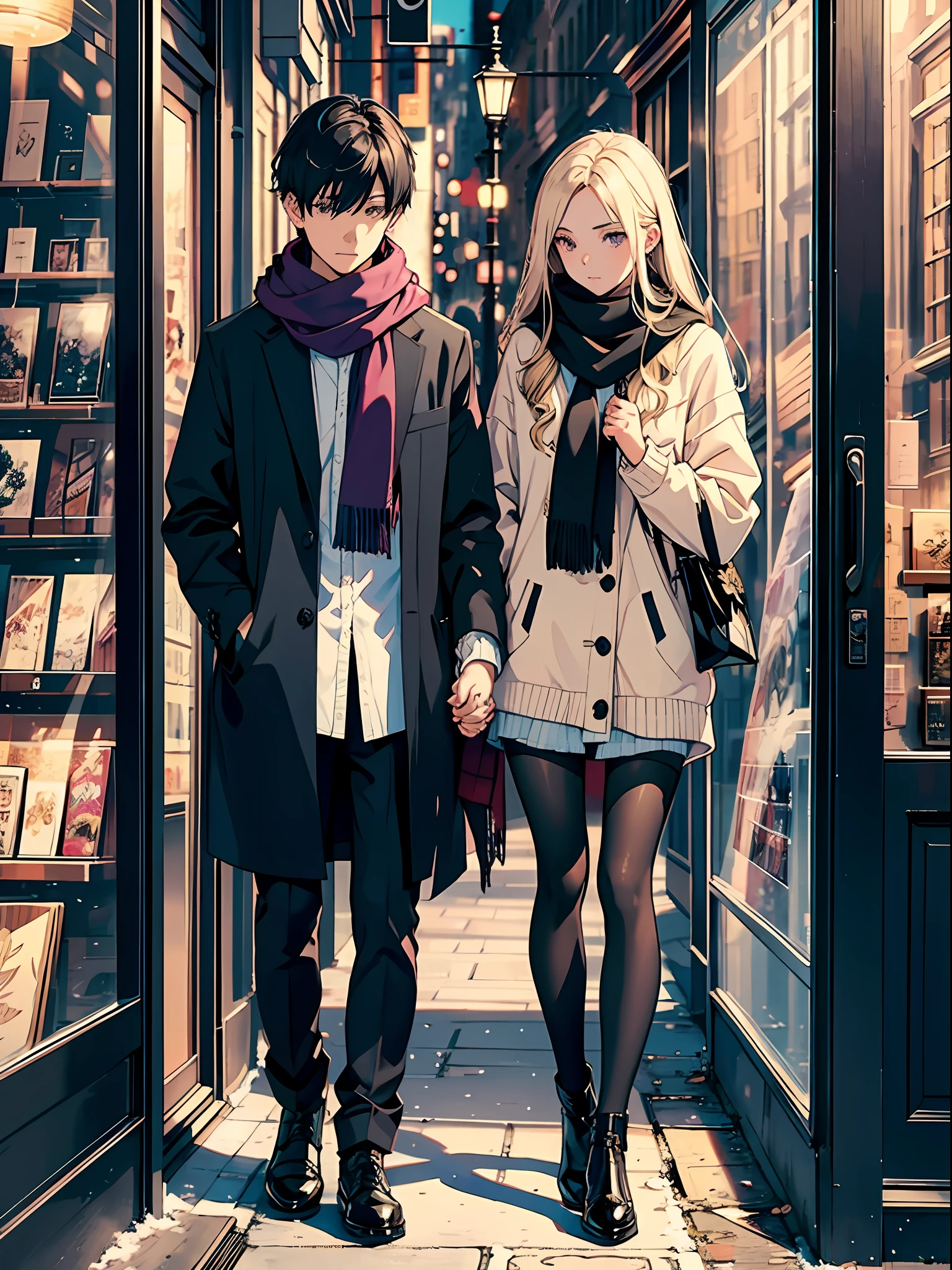 boy with short black hairand a short girl eith long blond hair are windowshopping holding hands, love, calmness, steetwera, scarf, lilac clothing for the girl, sidewalk, shops, snow, city, New York city (masterpiece, top quality, best quality, official art, beautiful and aesthetic:1.2), (1girl:1.3), (fractal art:1.3),absurd, masterpiece, best quality, realistic, hyper-detailed