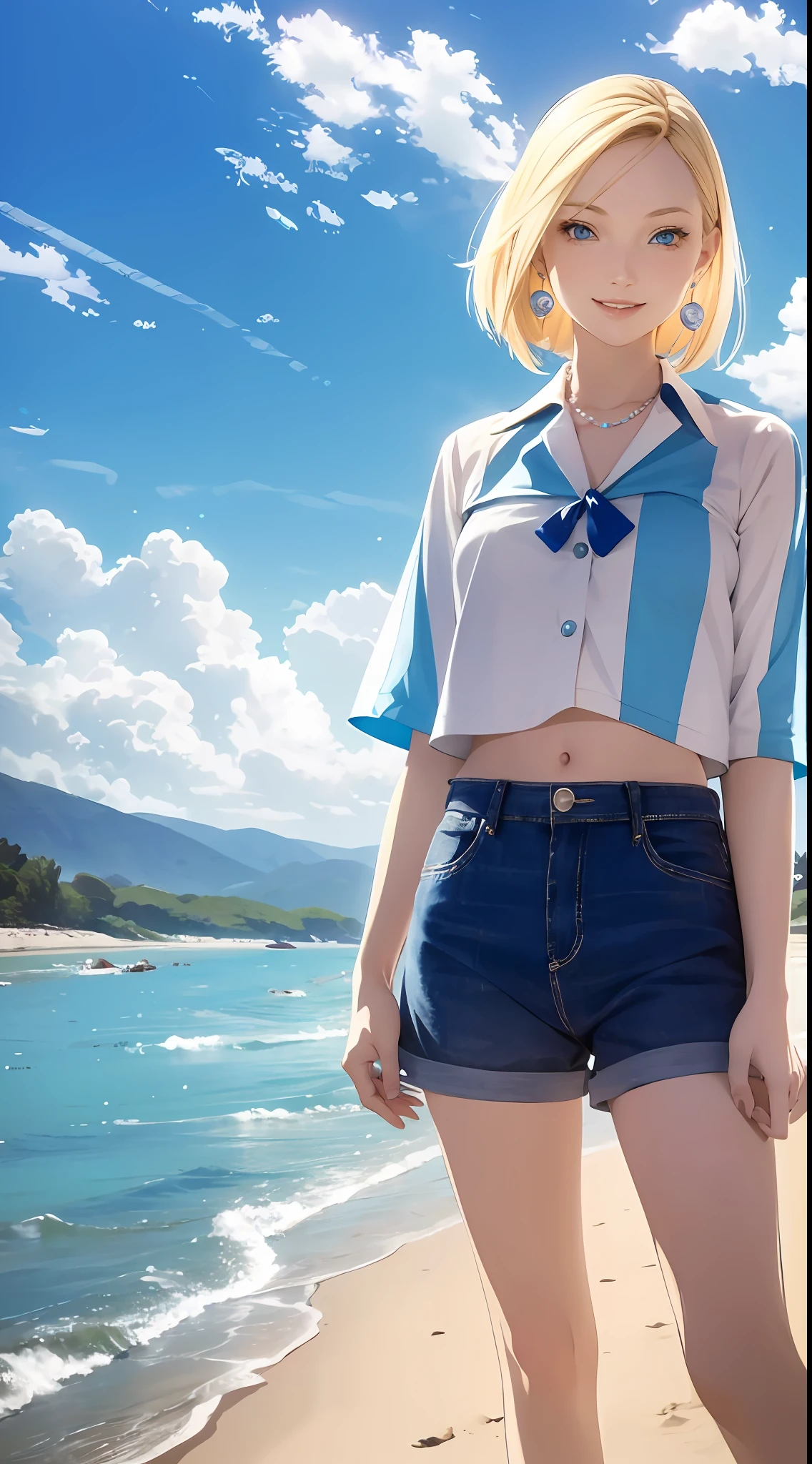 Adult blonde woman with modern blue clothes, soft makeup, friendly smile, cute, on a beach of a river, clear skies, blue as her eyes, short blonde hair blowing in the winds, hand holding her hair behind her ear, small pearl earrings.
