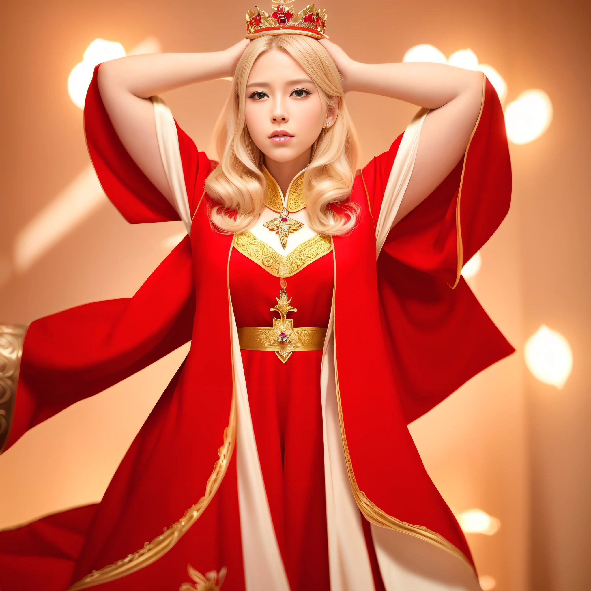 blond woman in red and gold dress with a crown on her head, ((a beautiful fantasy empress)), beautiful character painting, a beautiful fantasy empress, portrait knights of zodiac girl, palace , a girl in hanfu, detailed digital anime art, 8k high quality detailed art, beautiful androgynous prince, blonde - haired princess, alexandra fomina artstation