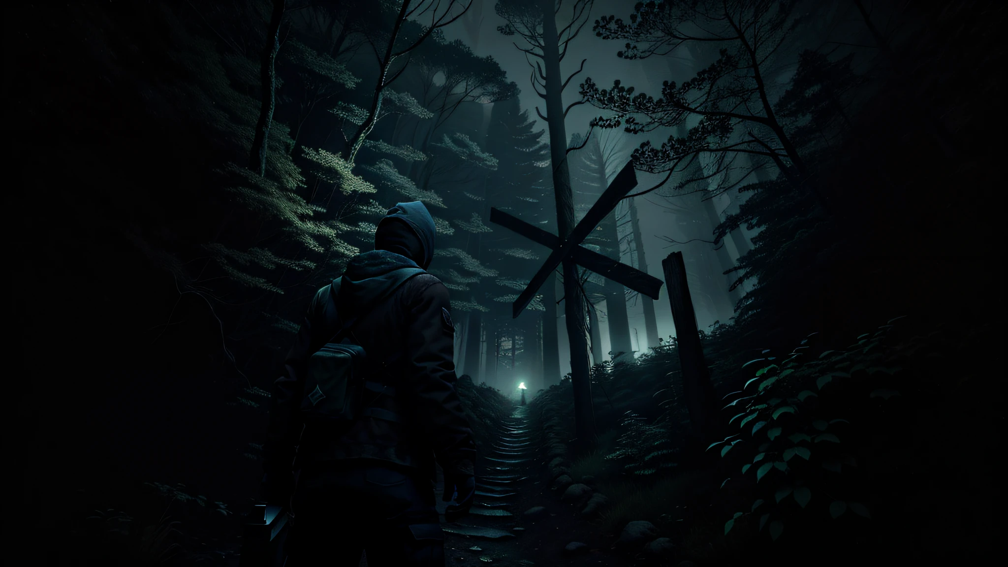 There is a woman climbing on foot in the dark a hill, standing in a dark forest, Silent Hill, Silent Hill game, Outlast 2, horror game graphics, Silent Hill landscape, Silent Hill atmosphere, Resident Evil 7, Blair Witch, Silent Hill aesthetic, in Dark Woods, horror video game, Silent Hill 1, horror environment,  In Dark Forest