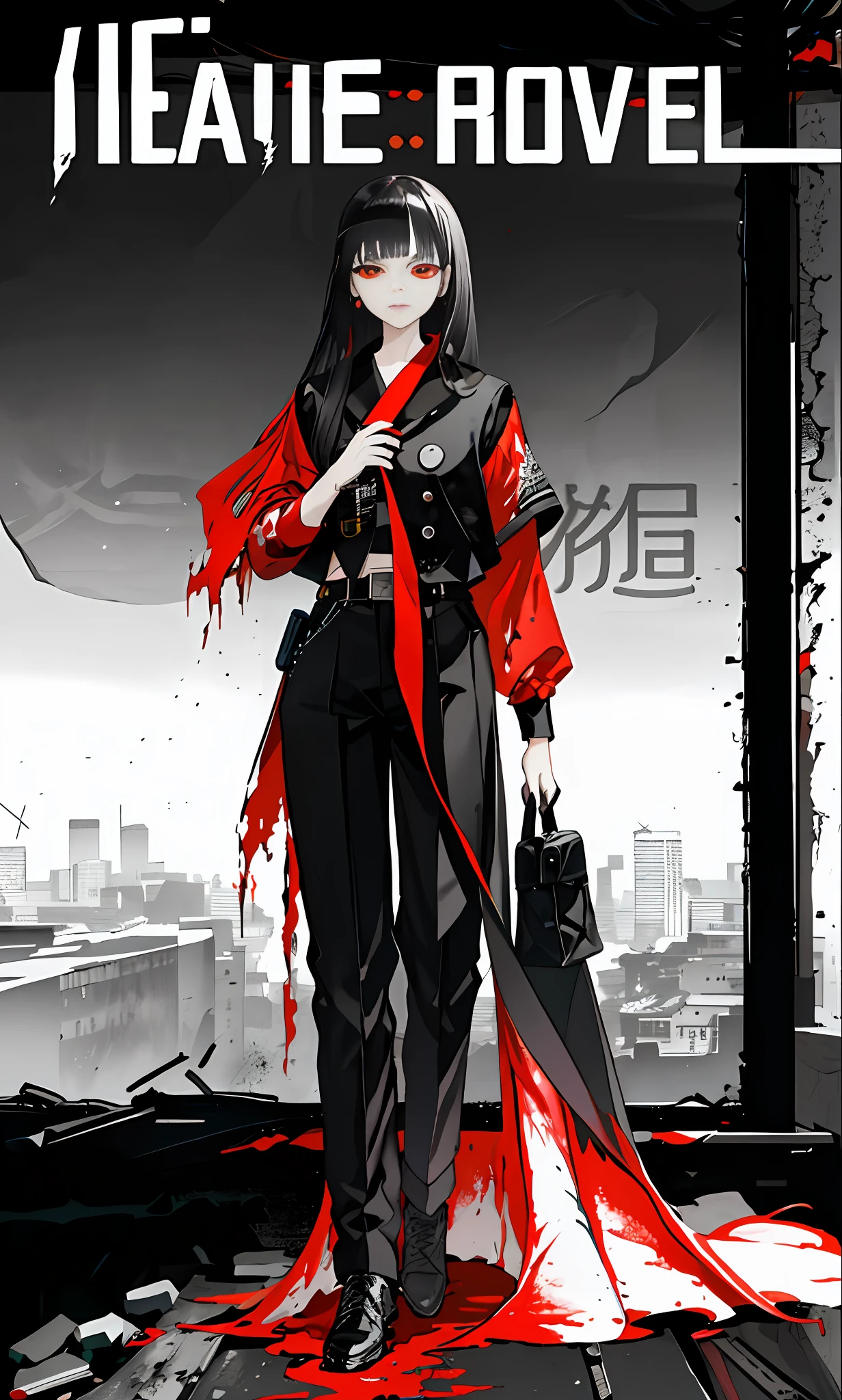 ((((dramatic))), (((gritty))), (((intense)))) The movie poster features a young girl as the central character. She stands confidently in the center of the poster, dressed in fashion-forward clothing with a determined expression on her face. The background is dark and gritty, with a sense of danger and intensity. The text is bold and eye-catching, with catchy slogans that add to the overall drama and excitement. The color palette is dominated by dark colors, dotted with bright colors, giving the poster a dynamic and visual impact, tachi-e (magazine:1.3), (cover-style:1.3), fashionable, woman, vibrant, outfit, posing, front, colorful, dynamic, background, element, confident, expressive, holding, statement, attachment, majestic, coiled, around, touch, scene, text, Cover, bold, eye-catching, title, fashion, font, catchy, title, bigger, eye-catching, modern, trendy, focused, fashionable, super long hair, black hair, black long straight, full body standing painting, bangs, trousers, red eyes, splashed blood