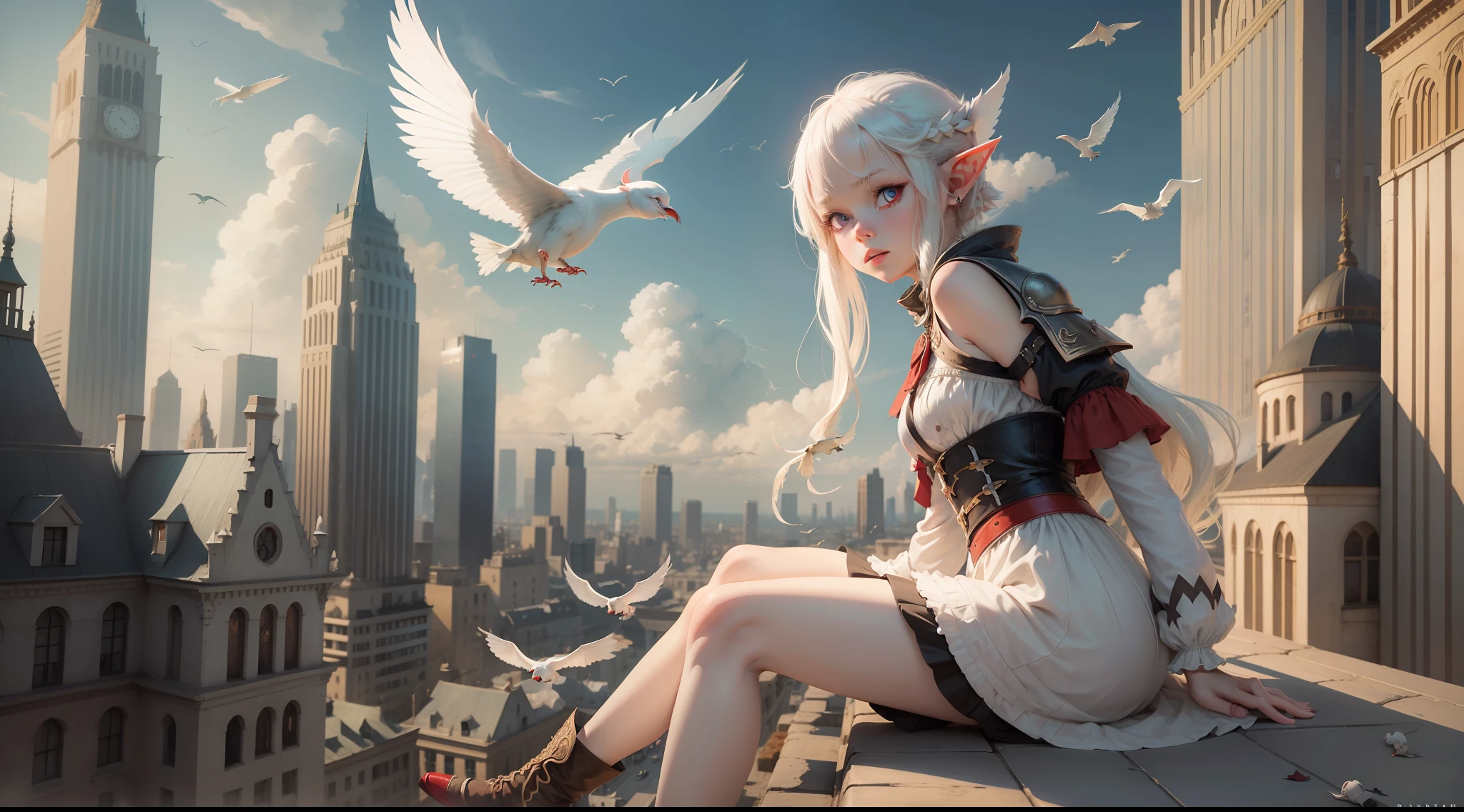 A beautiful albino girl with elf ears sitting on the edge of a building, with a sarcastic look and piercing red eyes, enjoying the beautiful scenery with flying birds and an airplane in the sky.