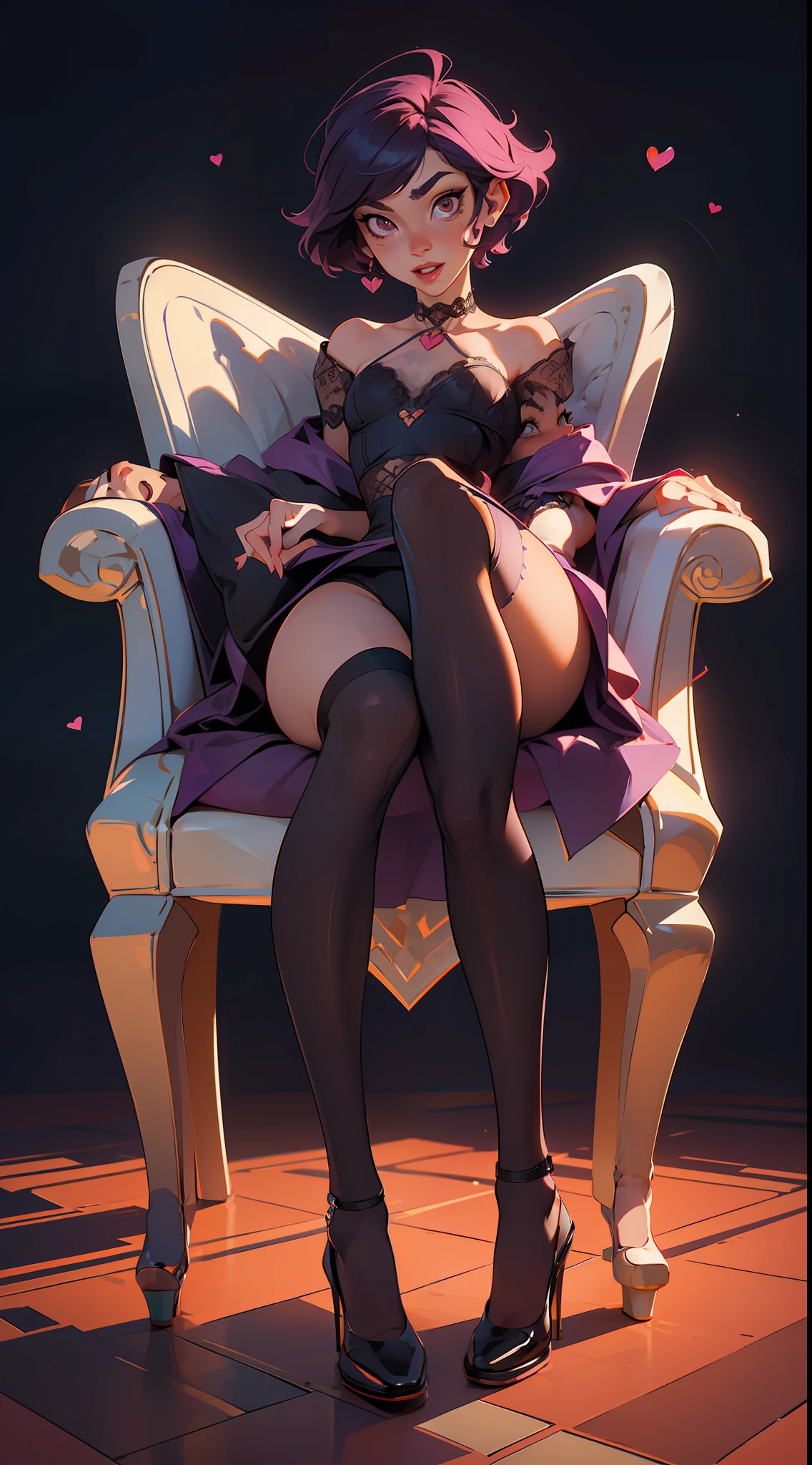 (NSFW: 1.4), (Best Quality, Masterpiece: 1.1), (Fidelity: 1.4), Woman, 22 years old, Lustful look, Flushed face, Face of Pleasure, Lustful expression, Lascivious half-open mouth, Short hair Messy red, Eyes purple color, In the Main Room, nocturnal moonlight, lace stockings, Lace choker, Hearts flying, Transparent lingerie, sitting in an armchair, legs open, full body, high heels, bare crotch, camel's paw, detailed hairy pubic anatomy, small breasts, hard chest beak, looking at the viewer, pov from below, comics style, analog style, illustration, lineart.