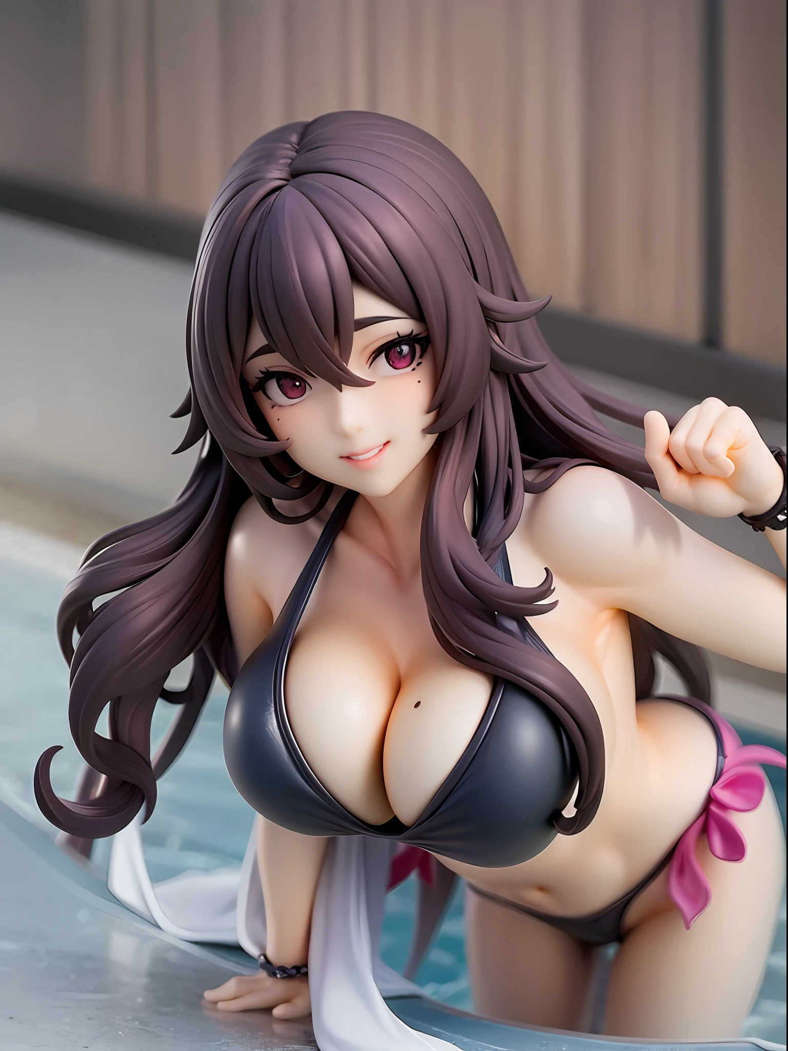 Girl, black school swimsuit, charming smile, black face mask, black hair, long hair, straight hair, purple eye, beautiful eyes, pool, poolside, summer, with moles in cleavage. forward leaning posture, from above