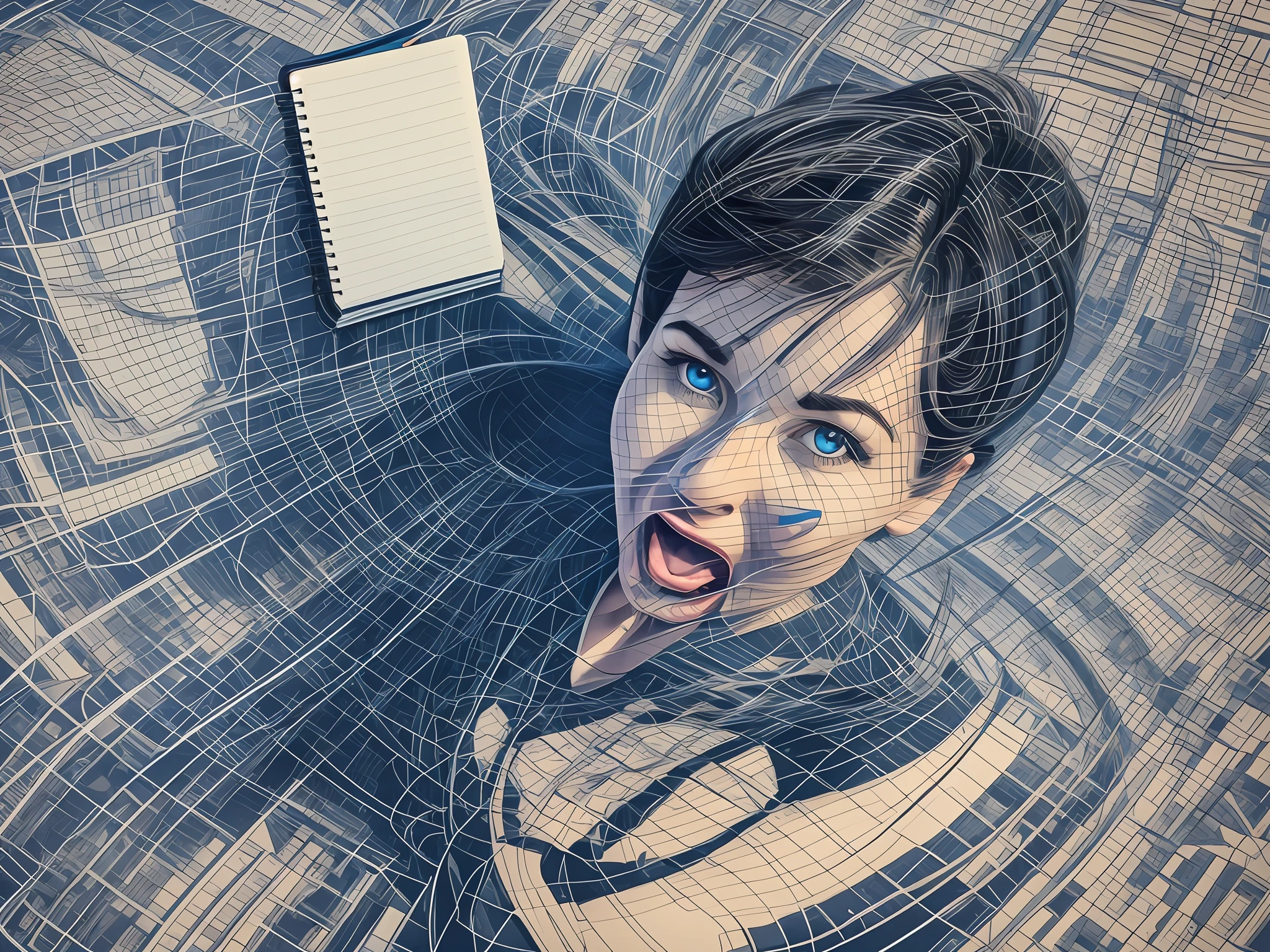 A stretched woman gillemosdl, mouth open with expression of surprise, black hair, blue eyes, sitting with her legs crossed and a notebook in her lap, realistic image, expression of surprise, open mouth, look at the laptop screen, right aerial camera, view from above, 3d art, high resolution --auto --s2