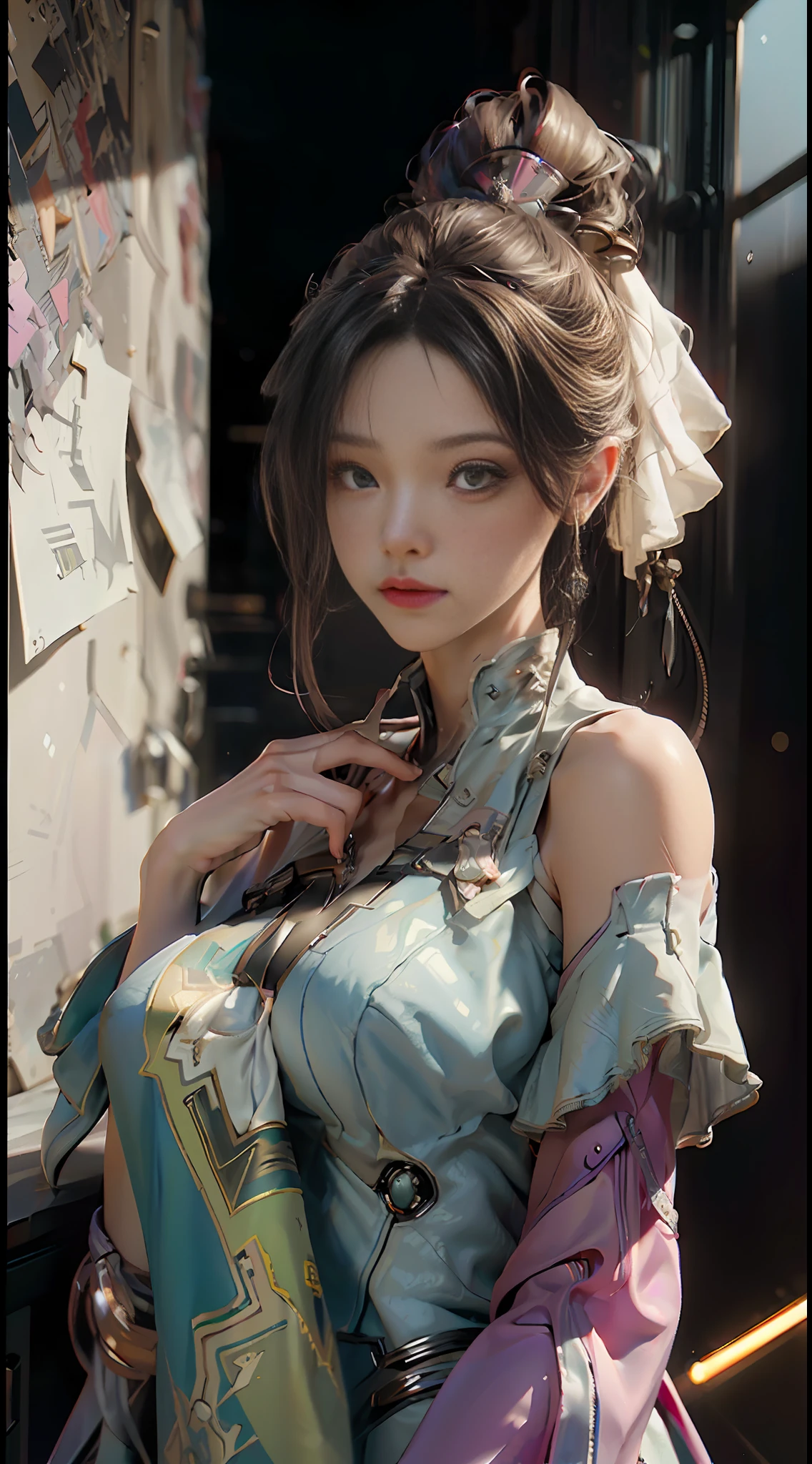 ((Best quality)), ((masterpiece)), (detailed:1.4), 3D, an image of a beautiful cyberpunk female,HDR (High Dynamic Range),Ray Tracing,NVIDIA RTX,Super-Resolution,Unreal 5,Subsurface scattering,PBR Texturing,Post-processing,Anisotropic Filtering,Depth-of-field,Maximum clarity and sharpness,Multi-layered textures,Albedo and Specular maps,Surface shading,Accurate simulation of light-material interaction,Perfect proportions,Octane Render,Two-tone lighting,Wide aperture,Low ISO,White balance,Rule of thirds,8K RAW,