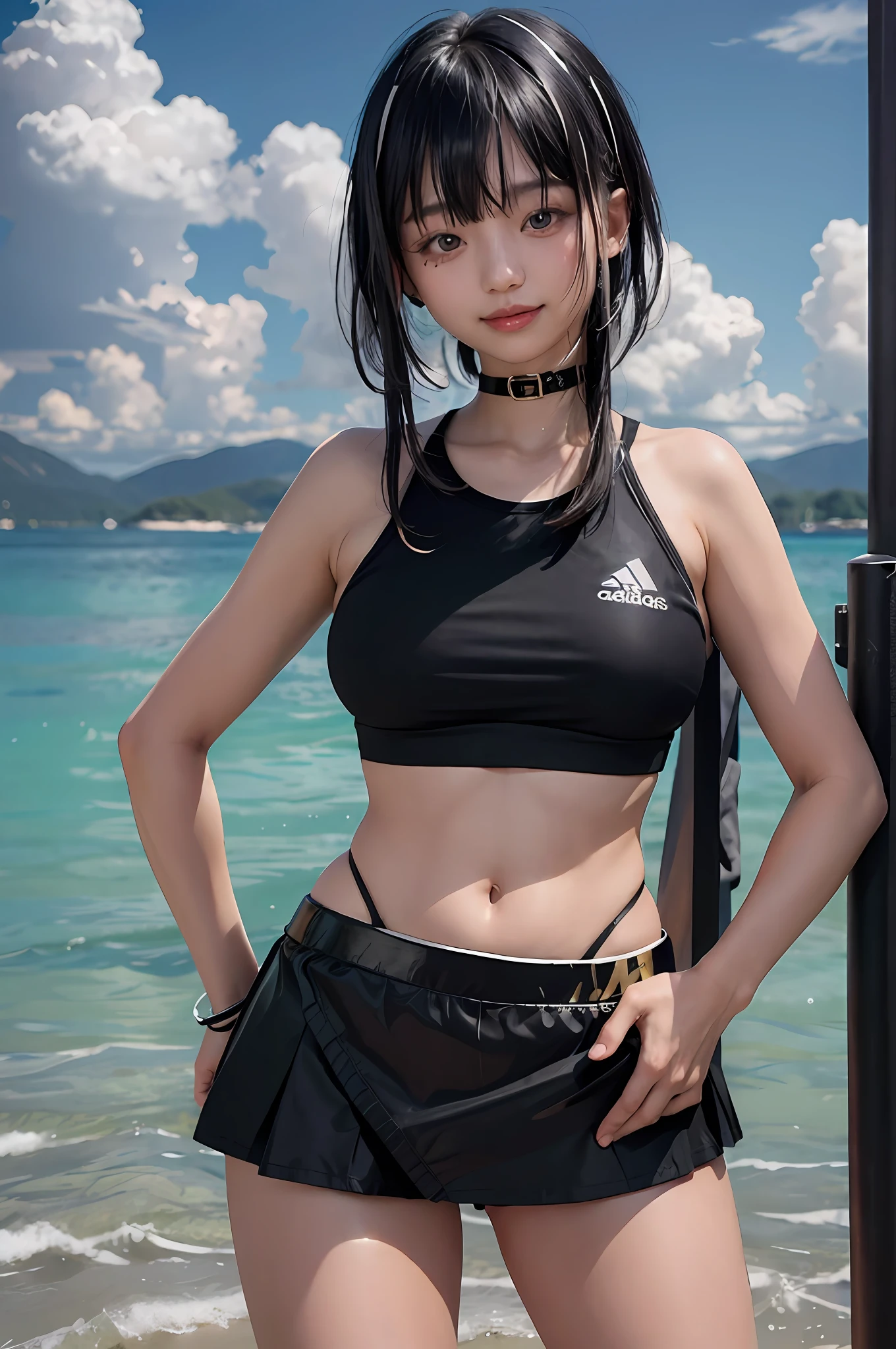 adidas, piercing woman, piercing, smile, black bikini, shorts, blunt bangs, (black skirt), 1girl,solo,flashy hair, photorealistic, high resolution, 1 girl, korean, beach, wharf, cowboy shot,