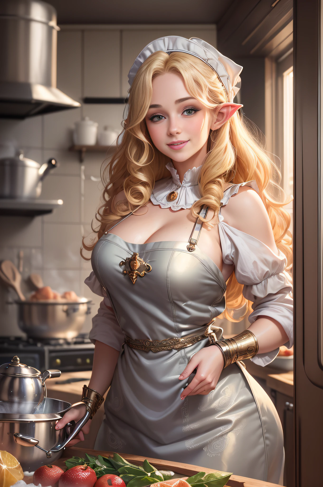 ((hyperrealistic, photorealistic 8k)) "A gorgeous, cute, hot blonde elf, curly hair, silky skin, fleshy lips, full , (rosy cheeks) wearing gorgeous apron, smiling is posing for a photo in a kitchen, while under the stove cooking food pans release steam (pot steam, super detailed kitchen environment, intricate details)."