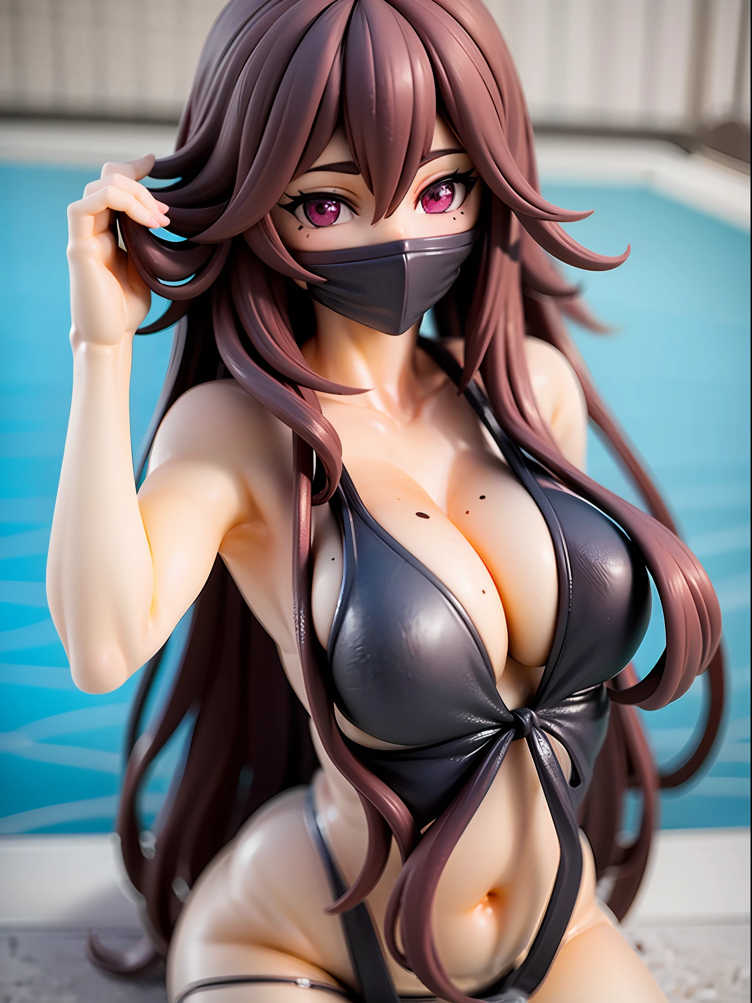 Girl, black school swimsuit, charming smile, black face mask, black hair, long hair, straight hair, purple eye, beautiful eyes, pool, poolside, summer, with moles in cleavage. forward leaning posture,