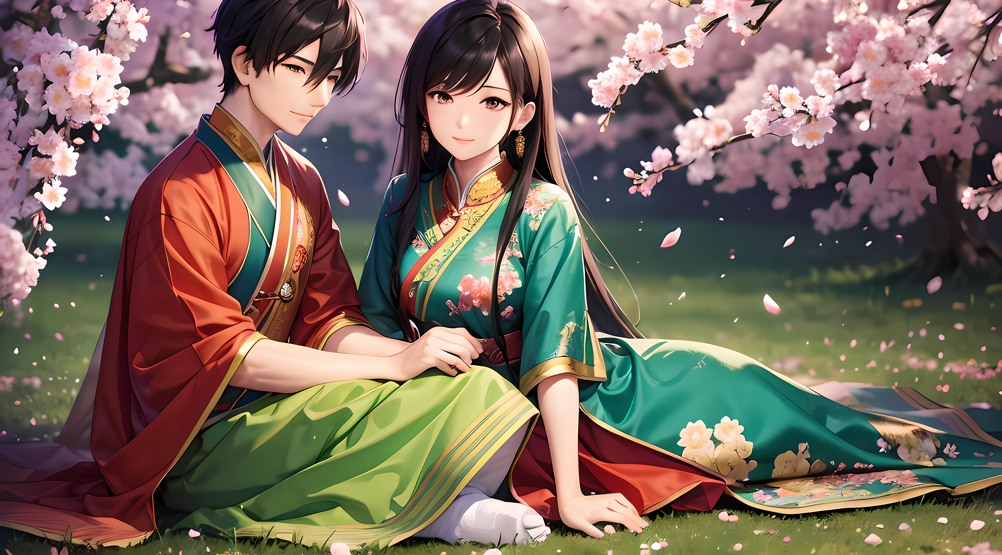 Couple with Asian clothes, detailed face with high definition, sitting contemplating cherry trees, in a flowery green field, at night, high definition, high detail in clothes, dramatic lighting, lens brightness, 4k --auto --s2