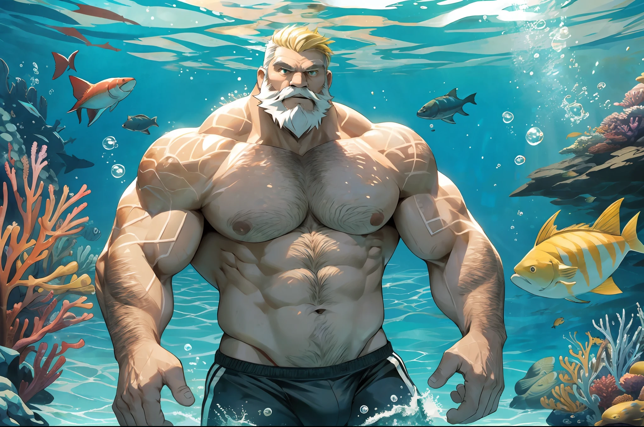 A huge muscular old man swimming in underwear, (old man (huge muscular, giga Chad, bara, big arm, biggest arm, biggest muscular, biggest chest , big chest, big pec, big bicep, extremely detailed muscle, short hair, white bearded, yellow hair, swim pose, breaststroke, dynamic pose)), background (underwater, fish, coral, sea creatures), ((breaststroke pose)) ,foreground (bubble, sea creatures)