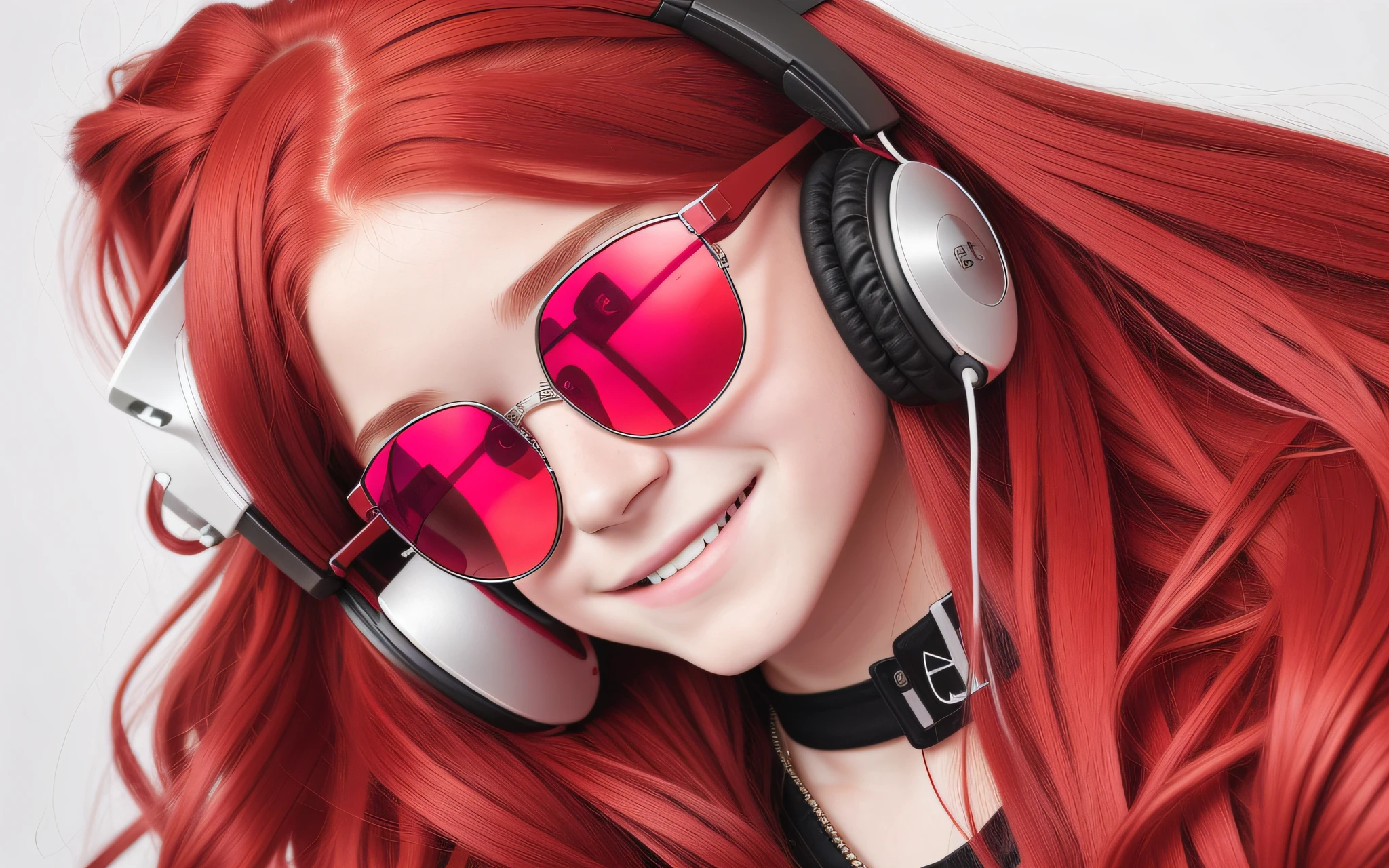  girl, long RED hair of braids, portrait, with headphones and sunglasses, smiling and holding hands up, RED LEATHER JACKET, girl wearing headphones, (white background: 1.3). , A closeup of a CD, CD BOX.