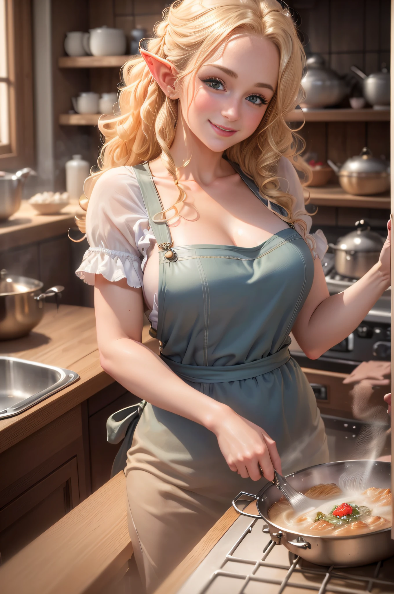 ((hyperrealistic, photorealistic 8k)) "A gorgeous, cute, hot blonde elf, curly hair, silky skin, fleshy lips, full breasts, (rosy cheeks) wearing gorgeous apron, smiling is posing for a photo in a kitchen, while under the stove cooking food pans release steam (pot steam, super detailed kitchen environment, intricate details)."