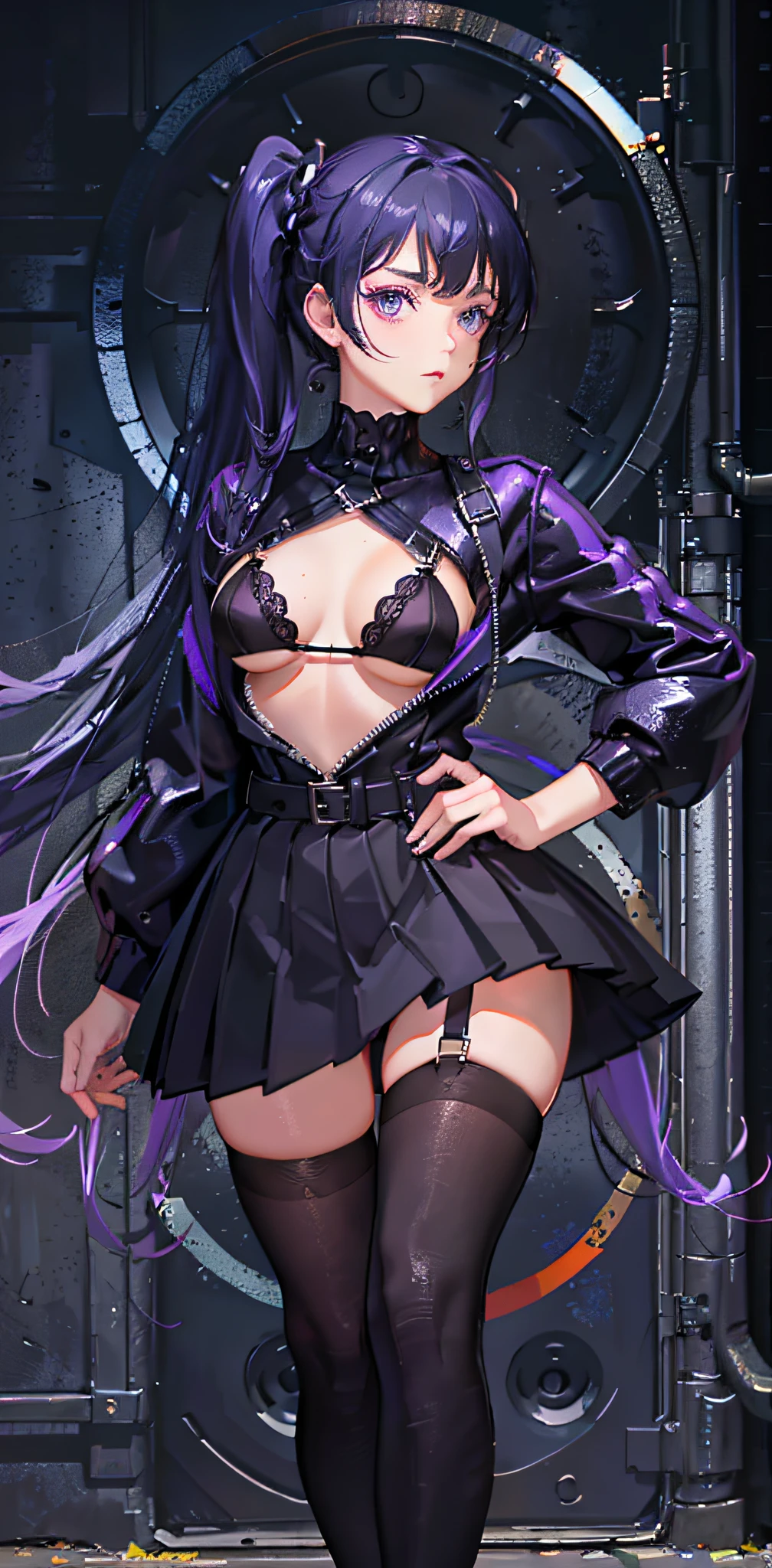 Black hair, pigtails, purple eyes, dynamic pose, black leather jumper, micro bra, side tie panty (dark: 1.2) high definition, masterpiece, best work