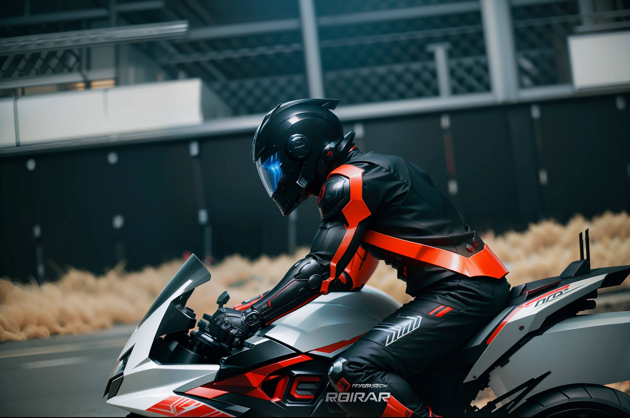 Black and red clothes and pants, Cyber Man Warrior and Cyber Mechanical Motorcycle, Full Body Exquisite High-Tech Armor, Exquisite Black Tech Helmet, Nousr, Biomechanics, MSHN Robot Man, High-Tech Helmet, Hyperreal, Steel, Intricate Design, Crazy Details, Fine Details, Extremely Clear Lines, Cinematic Lighting, Photo Realisticity, Detailed Masterpiece