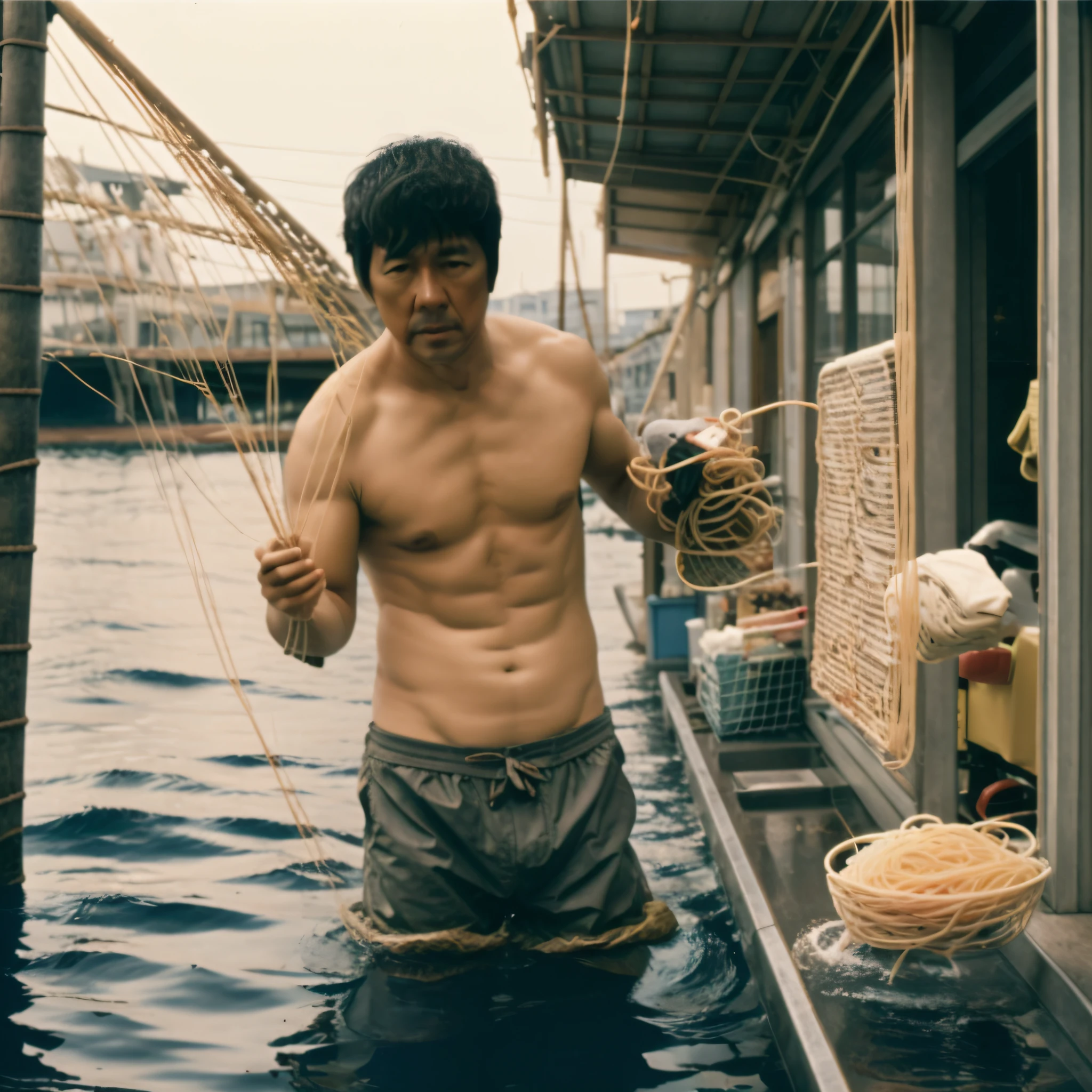 1980 portrait of Hidetoshi Nishijima as a fisherman in underwear pulling a new catch of spaghetti from the ocean, professional photography, Canon 5 0 mm, 4K, 2K, cinematic lighting, Masterpiece photography, Wes Anderson, film, Kodachrome, Polaroid.
