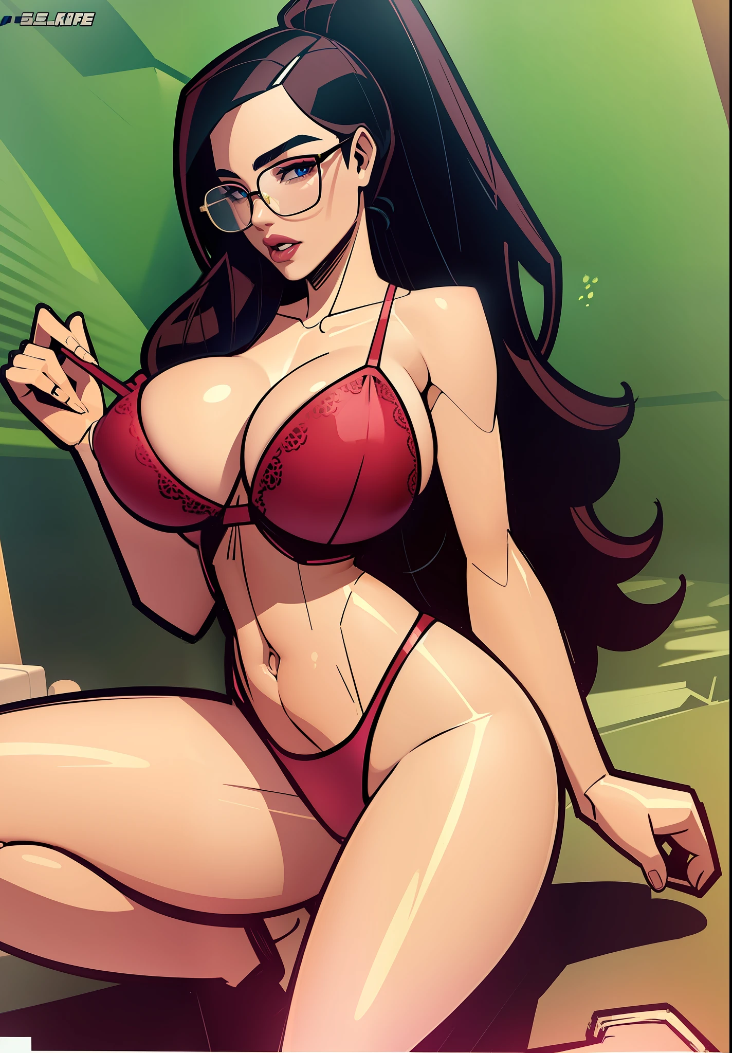 MILF Koreana with glasses and giant breasts in semi-transparent white lingerie, marked, big, fruit between breasts, huge breasts protruding from lingerie, stylized hips, sexy legs, high heel, blue eyes, thick lips, long hair, wavy hair, ponytail hair, black hair, comic book style drawing, GTA 5 Art, sexy Korean face,  Full body, marked bra, red thong, front view, dwarf lingerie.