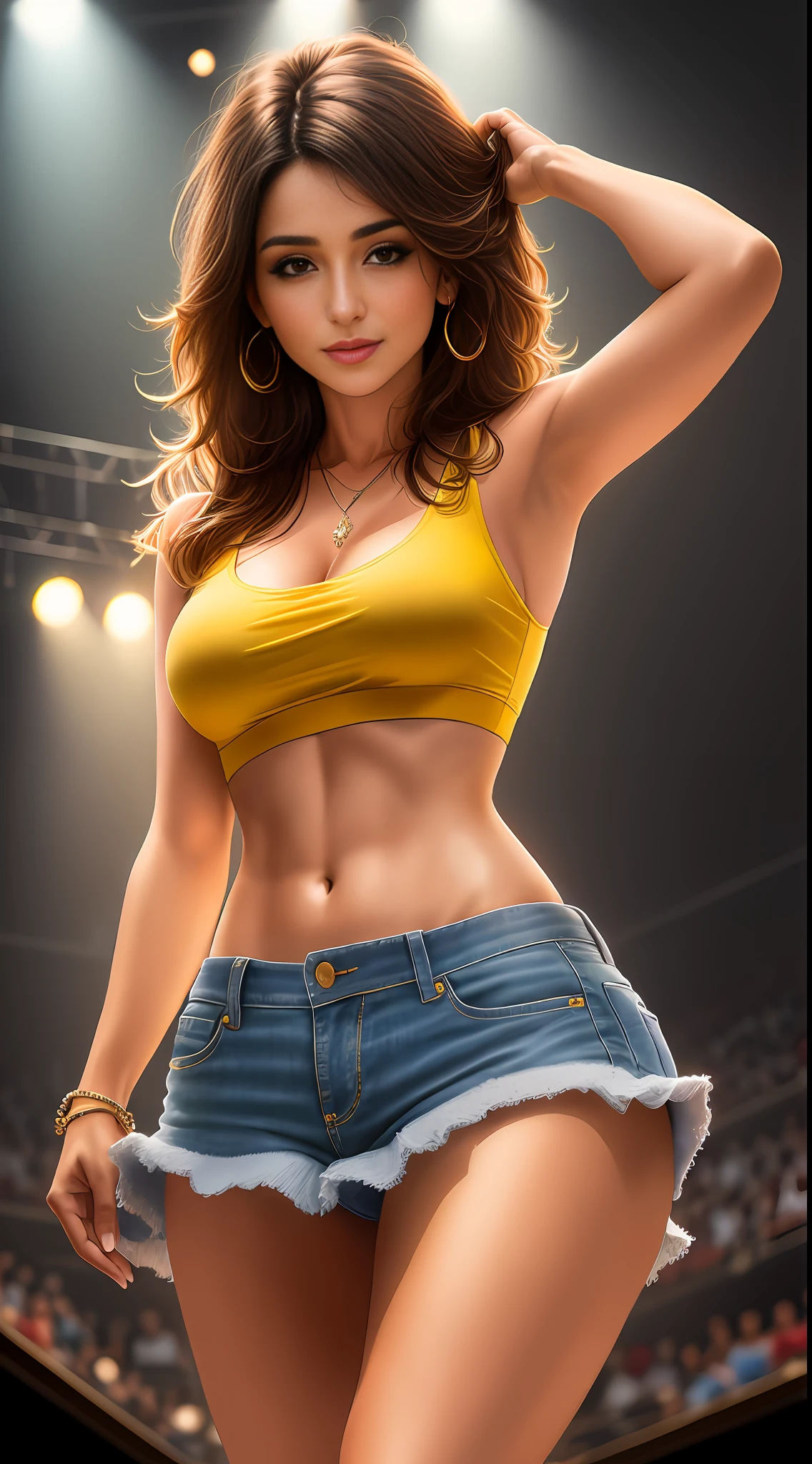 A woman, (Brazilian singer Paula Fernandes), (small breasts:1,4), 25 years, (((sexy, lascivious))), masterpiece:1,5, realism:1,5, photo raw, HDR, 8k, best quality, best lights and shadows, skirt jeans tight, sleeveless flannel shirt, on a stage, ((slim body:1,5))