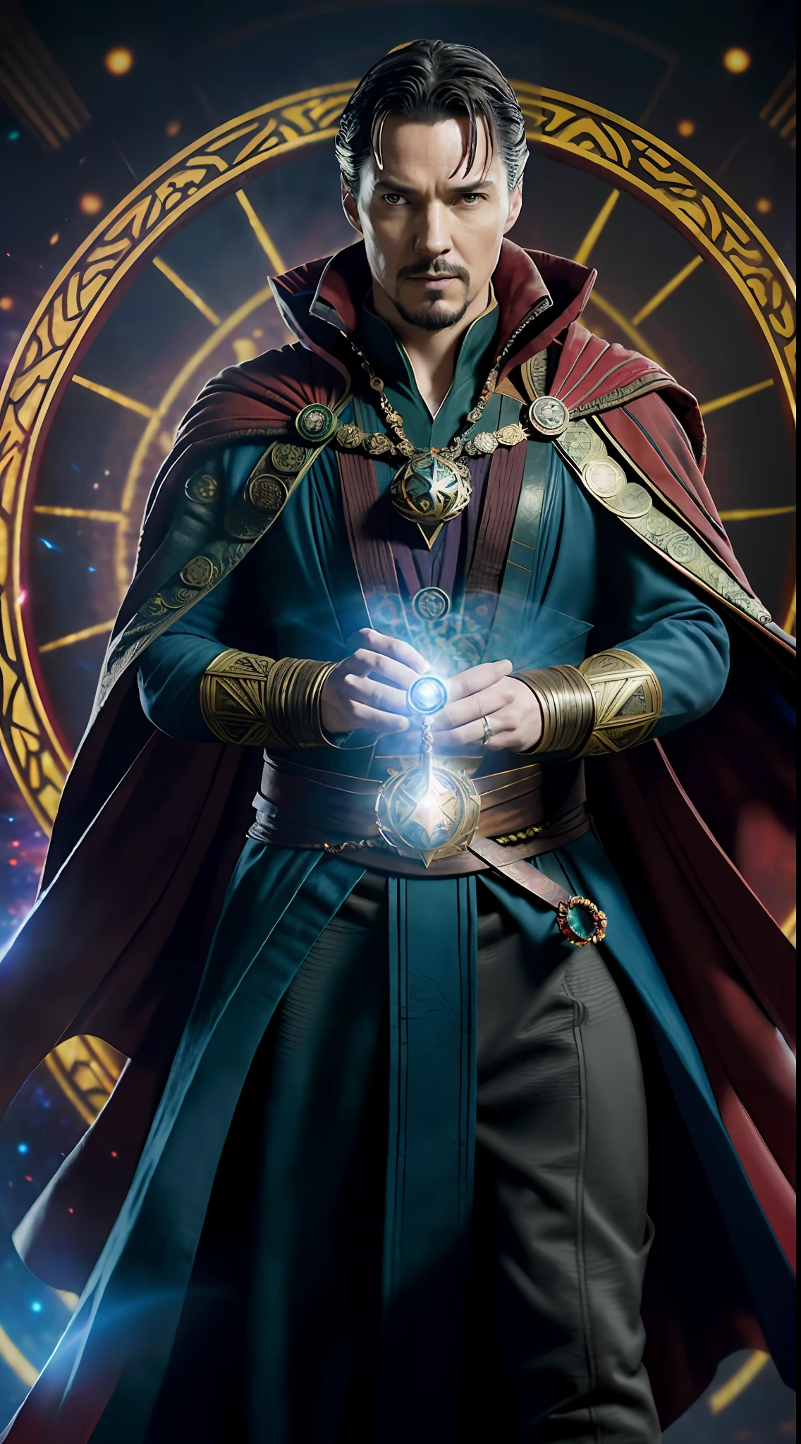 ((realistic)), Marvel's Doctor Strange with the face of LUIZADRIANOSOUZADASILVABR, (wearing agamotto's eye necklace), (the Red Cloak ], portrait style., high detail, VFX, hero pose, fight pose, award-winning, best quality, masterpiece, 8k