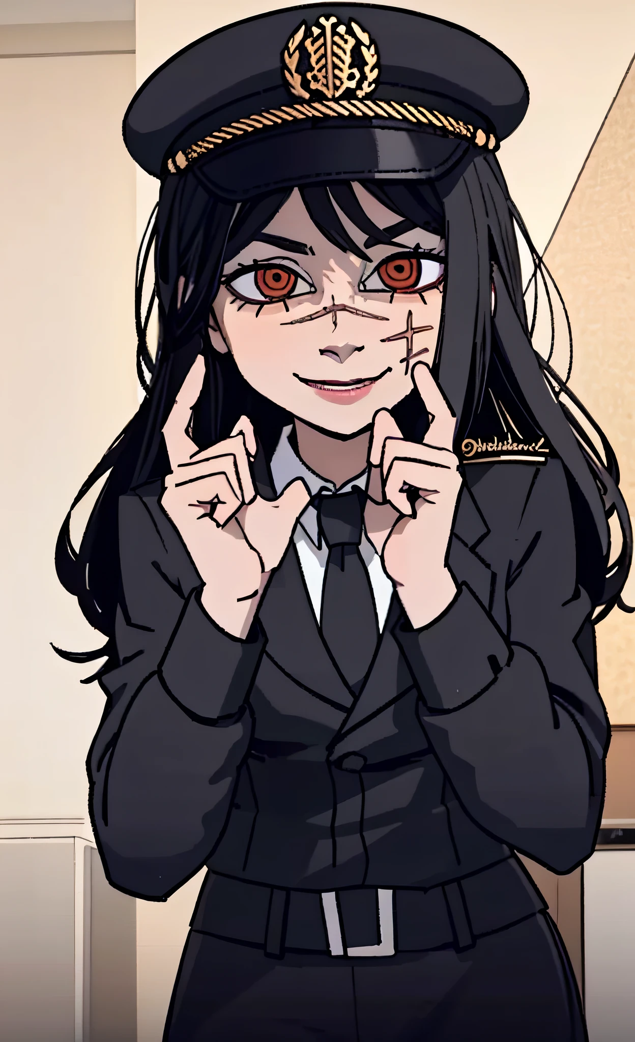 (masterpiece, best quality: 1.2), Solo, 1girl, Yoru \(Chainsaw Man\), looking at the viewer, different poses, red eye, long hair, completely black hair, reference to clothing of a German WWII general, black long sleeves (best quality), scar on face, beautiful eyes, has only 2 arms, has war medals on his clothes, Black Military Cap, Golden Eagle Medal on Clothing, (Wallpaper), (8K HD), (8K HD), Golden Shoulder Pads, Sprites, 1 Single Design (masterpiece, best quality: 1.2), Solo, 1girl, Yoru \(Chainsaw Man\), looking at the viewer, smile, happy, different poses, red eye, long hair, completely black hair, reference to clothing of a German WWII general, black long sleeves (best quality), scar on face, beautiful eyes, has only 2 arms, has war medals on his clothes, black military cap, golden eagle medal on clothing, (wallpaper), (8K HD), (8K HD), (8K HD), golden shoulder pads, sprites, 1 single design