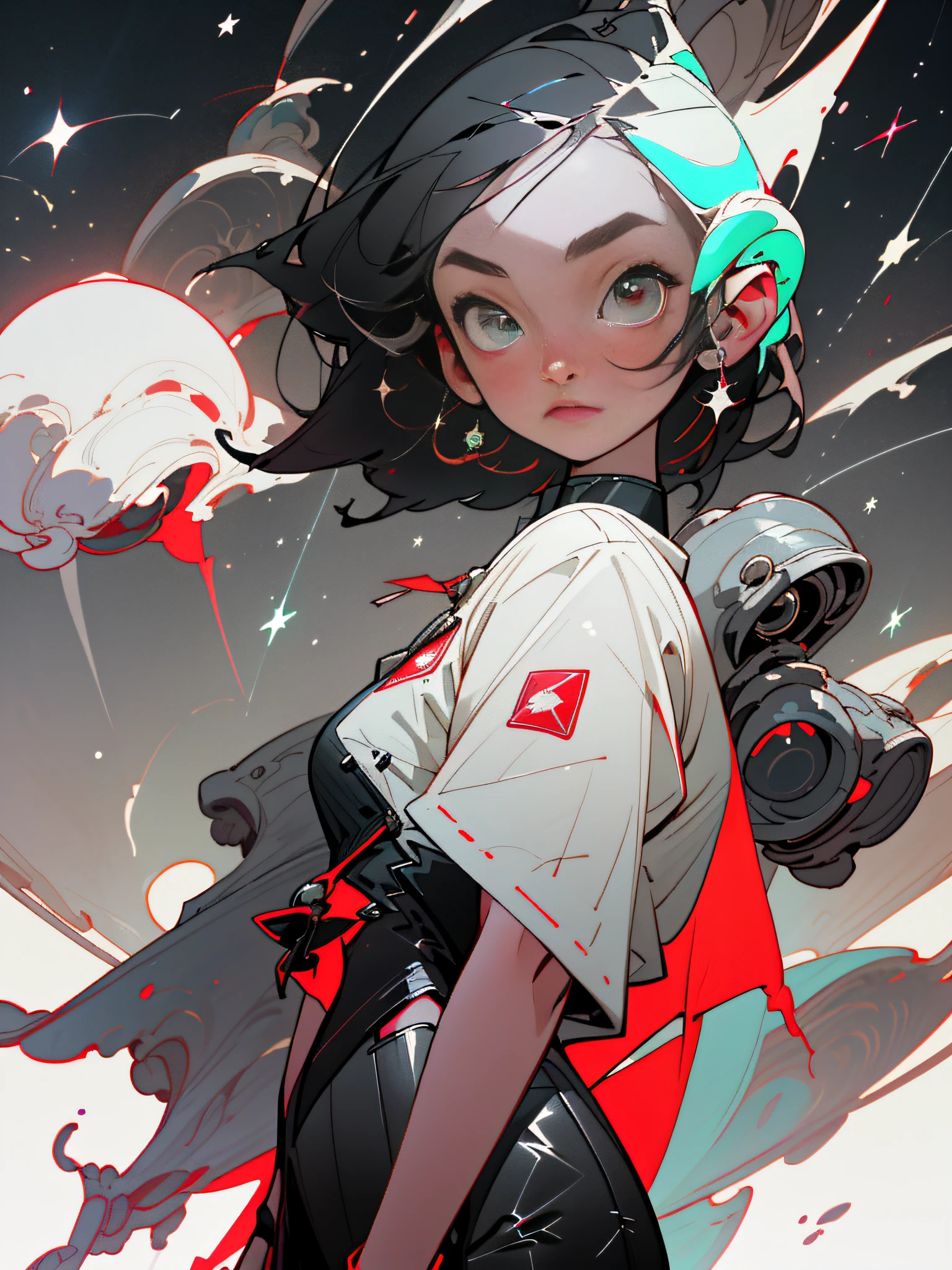 (Best quality, masterpiece), 1girl, alien spaceship, glitter, short skirt, particles, wind, shooting star, upper body, minimalist background