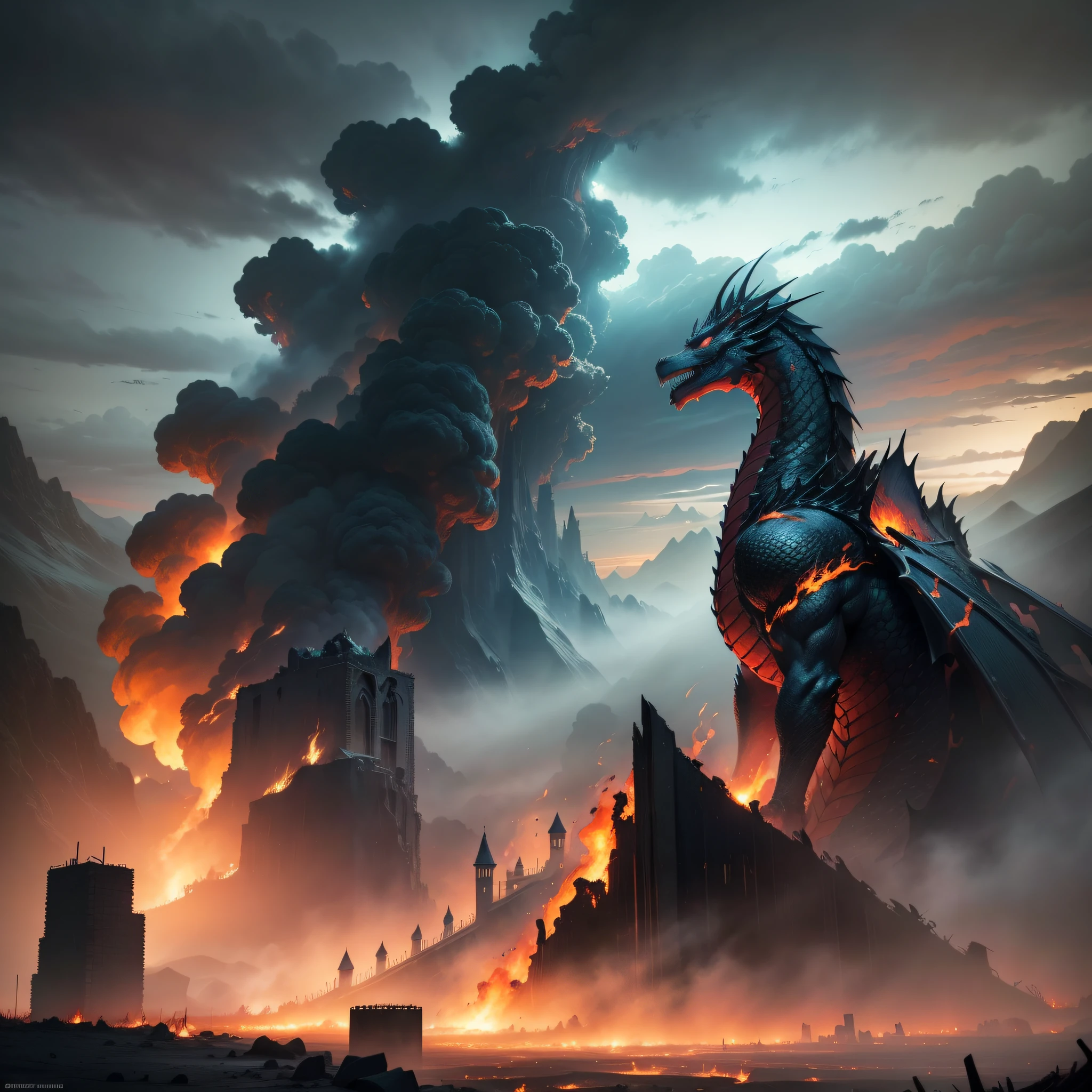 (8K, high resolution, cinematic) Create a captivating digital artwork depicting a majestic red dragon soaring through the ominous skies above a desolate, ruined village consumed by flames and billowing smoke. The dragon's immense wings should be outstretched, catching the turbulent winds as it glides gracefully amidst the chaos below. The dragon's scales should glisten with vibrant shades of crimson, contrasting against the darkened sky and the fiery devastation beneath. The village should be depicted with crumbling buildings, charred remnants, and smoldering ruins, with smoke rising ominously into the air. The sky should have a gloomy and foreboding atmosphere, with swirling clouds and hints of fading daylight. The composition should convey a sense of both awe-inspiring power and melancholic beauty, as the dragon surveys the destruction it has left in its wake. Let the image capture the juxtaposition of destruction and majesty, inviting viewers to contemplate the story behind this scene and the dragon's role within it