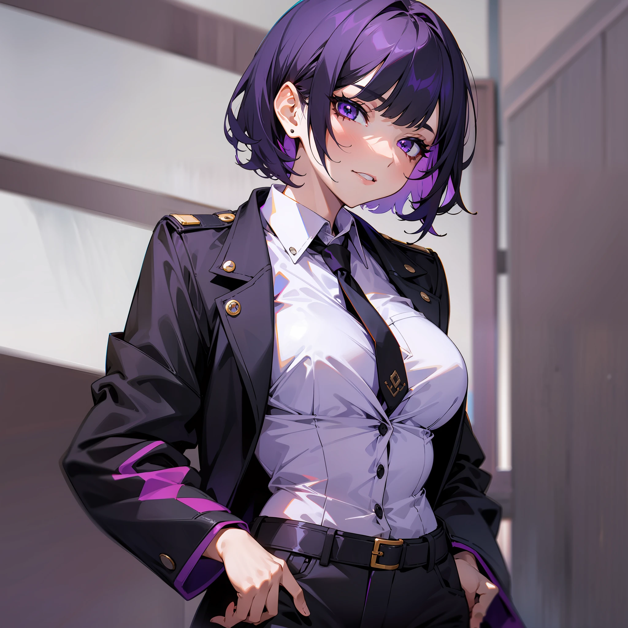 A girl, short hair + black color + purple tips, long sleeve shirt + white + open buttons, tight pants, black jacket, sexy, evil face