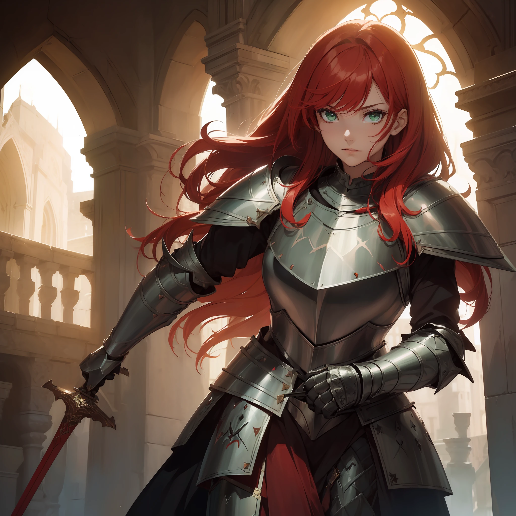 (most beautiful girl in knight armor:1.5),(red hair:1.2+green eyes),(raised sword, aimed at the ground:0.9+sword pointed at chest:1.1),(dramatic shadow, highlighting),(warm tone),(cinematic:1.2)