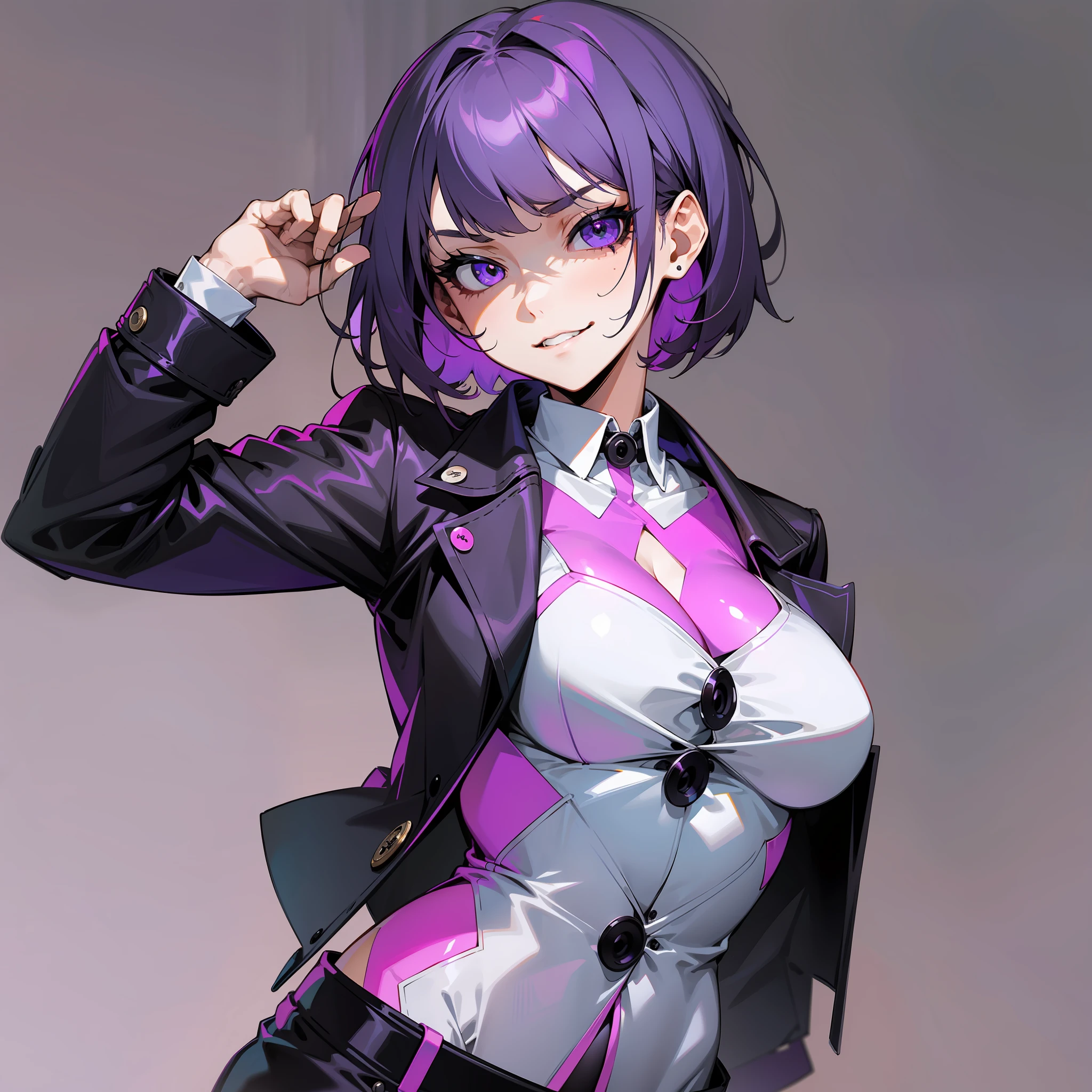 A girl, short hair + black color + purple tips, long sleeve shirt + white + open buttons, tight pants, black jacket, sexy, evil face