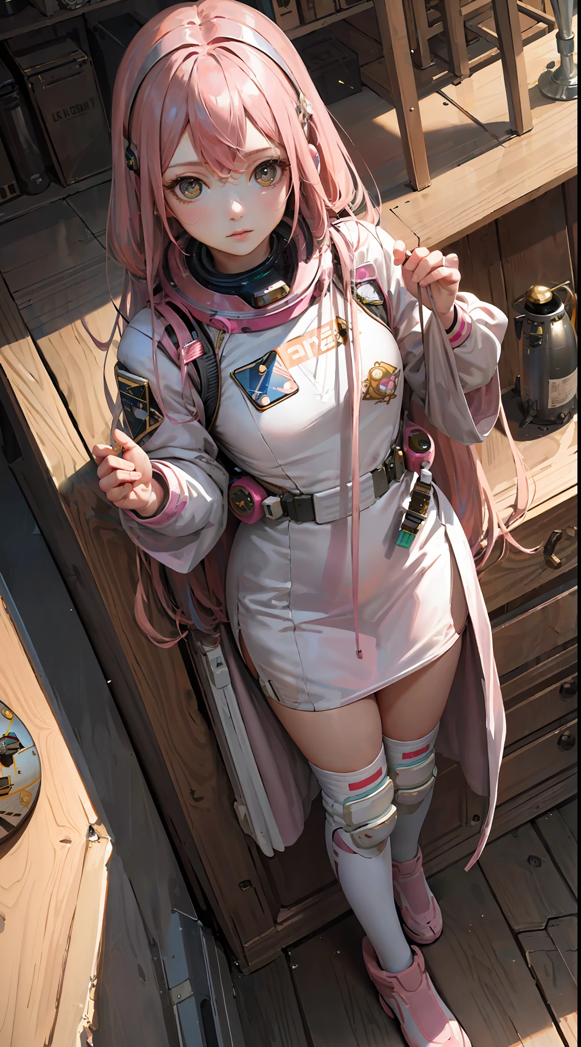(Masterpiece),(High detail and plenty of realism),(Long pink hair),(Old NASA spacesuit decorated in Harajuku style),(Idol),(Perfect proportions),(Delicate face and eye details stand out)