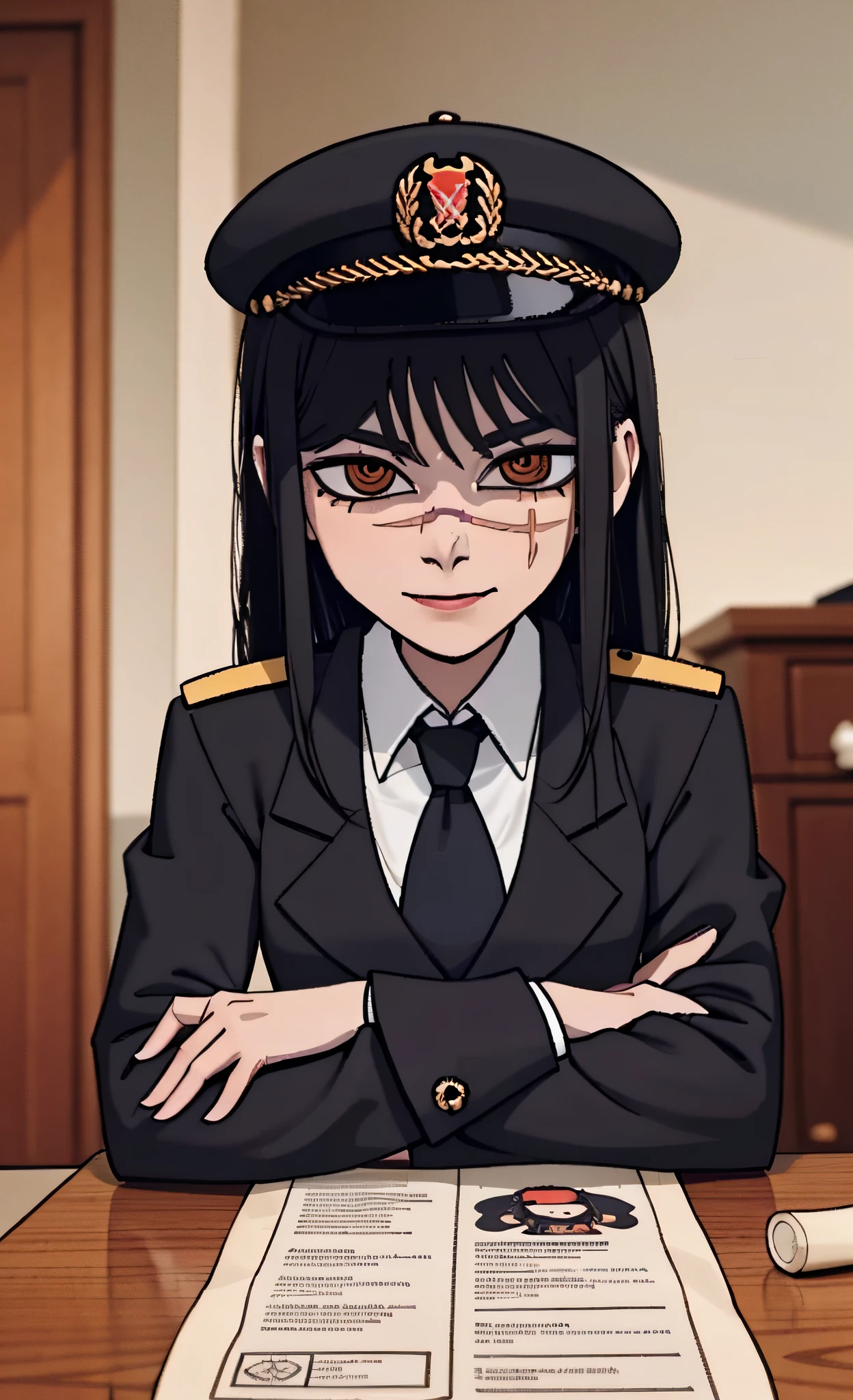 (masterpiece, best quality: 1.2), Solo, 1girl, Yoru \(Chainsaw Man\), looking at the viewer, different poses, red eye, long hair, completely black hair, reference to clothing of a German WWII general, black long sleeves (best quality), scar on face, beautiful eyes, has only 2 arms, has war medals on his clothes, Black Military Cap, Golden Eagle Medal on Clothing, (Wallpaper), (8K HD), (8K HD), Golden Shoulder Pads, Sprites, 1 Single Design (masterpiece, best quality: 1.2), Solo, 1girl, Yoru \(Chainsaw Man\), looking at the viewer, smile, happy, different poses, red eye, long hair, completely black hair, reference to clothing of a German WWII general, black long sleeves (best quality), scar on face, beautiful eyes, has only 2 arms, has war medals on his clothes, black military cap, golden eagle medal on clothing, (wallpaper), (8K HD), (8K HD), (8K HD), golden shoulder pads, sprites, 1 single design