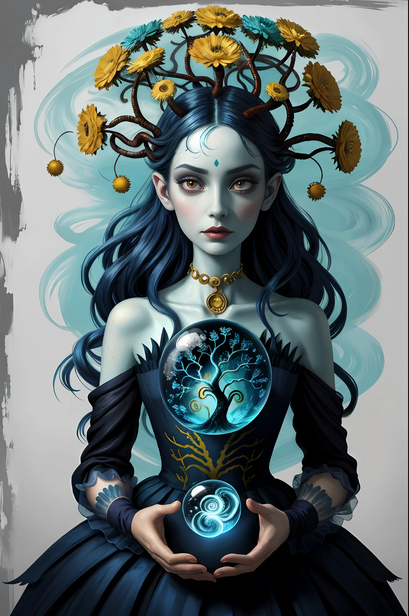 colorpop style, pointy hair, blue skin, natalie shau, mark ryden, alberto seveso, brooke shaden, anna dittmann, flora borsi, yin yang anthill, ant, lily, insect, fern, beautiful full body photo with oil painting, with thick brushstrokes and wet paint, fibonacci, golden ratio, melted wax, visible brushstrokes, surrounded by crystal ball, 3D Mosaic wireframe, neural graphics, neurons, tree of life, color, love, passion, oil on canvas, thick brush strokes, crazy details, 8k uhd, masterpiece, art station, surrealism