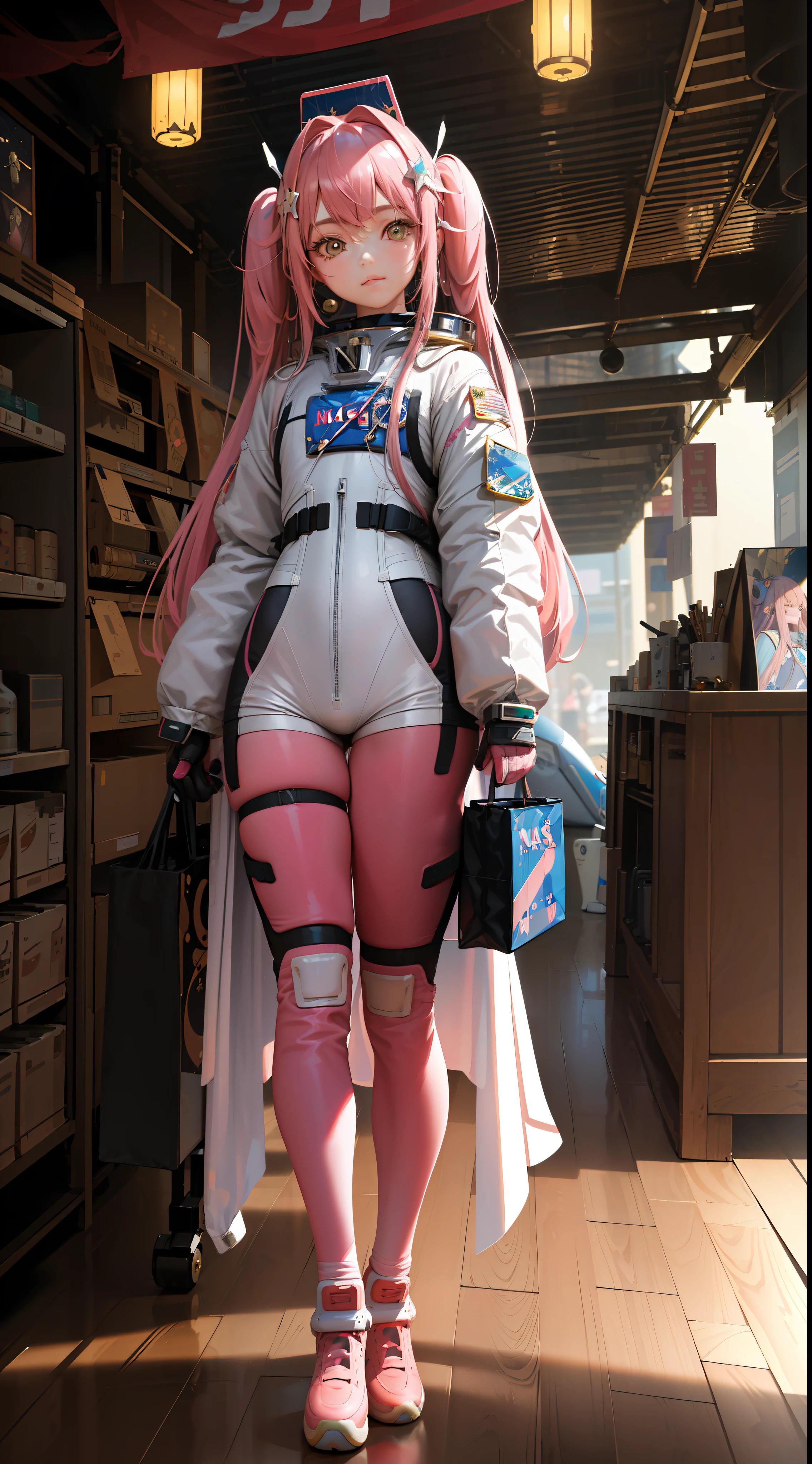(Masterpiece),(High detail and plenty of realism),(Long pink hair),(Old NASA spacesuit decorated in Harajuku style),(Idol),(Perfect proportions),(Delicate face and eye details stand out)