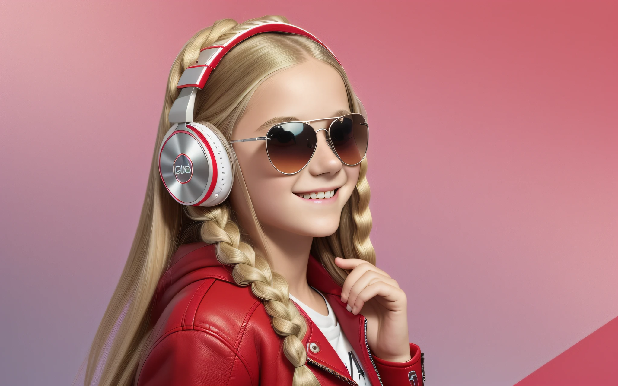 12 year old girl, long blonde hair in braids, portrait, with headphones and sunglasses, smiling and holding hands up, RED LEATHER JACKET, girl wearing headphones, (white background: 1.3). , A closeup of a CD and a CD box on a table, Packshot, CDs, CD Jacket.