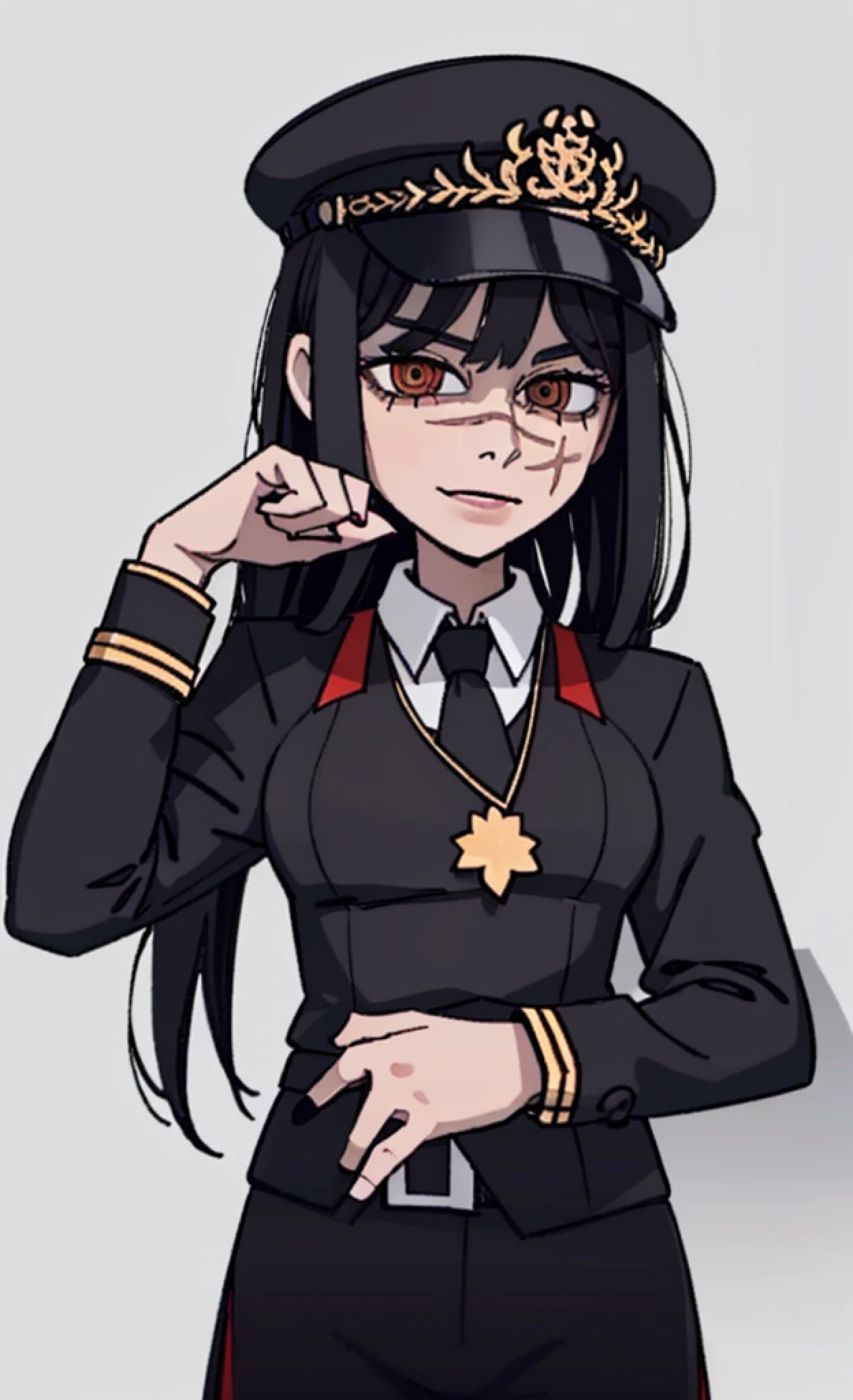 (masterpiece, best quality: 1.2), Solo, 1girl, Yoru \(Chainsaw Man\), looking at the viewer, different poses, red eye, long hair, completely black hair, reference to clothing of a German WWII general, black long sleeves (best quality), scar on face, beautiful eyes, has only 2 arms, has war medals on his clothes, Black Military Cap, Golden Eagle Medal on Clothing, (Wallpaper), (8K HD), (8K HD), Golden Shoulder Pads, Sprites, 1 Single Design (masterpiece, best quality: 1.2), Solo, 1girl, Yoru \(Chainsaw Man\), looking at the viewer, smile, happy, different poses, red eye, long hair, completely black hair, reference to clothing of a German WWII general, black long sleeves (best quality), scar on face, beautiful eyes, has only 2 arms, has war medals on his clothes, black military cap, golden eagle medal on clothing, (wallpaper), (8K HD), (8K HD), (8K HD), golden shoulder pads, sprites, 1 single design