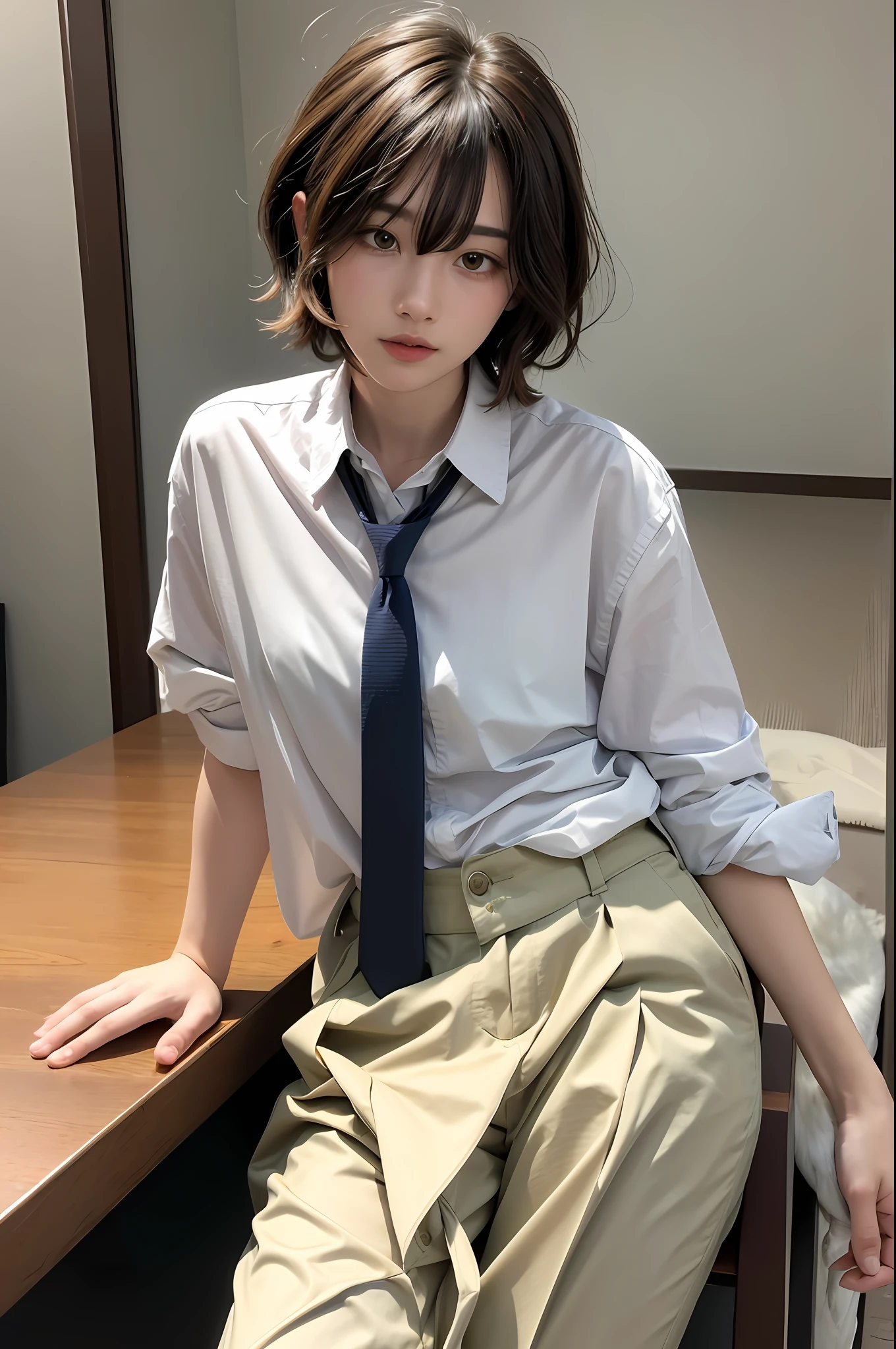 (Masterpiece: 1.3), (Best Quality: 1.2), 8K, Absurdity, (Very Detail: 1.3), Best,
(1 girl: 1.2), portrait,
sitting, short cut, neutral, long pants, marketer, watching the viewer, white shirt, casual tie, (wolf_cut:1.2),