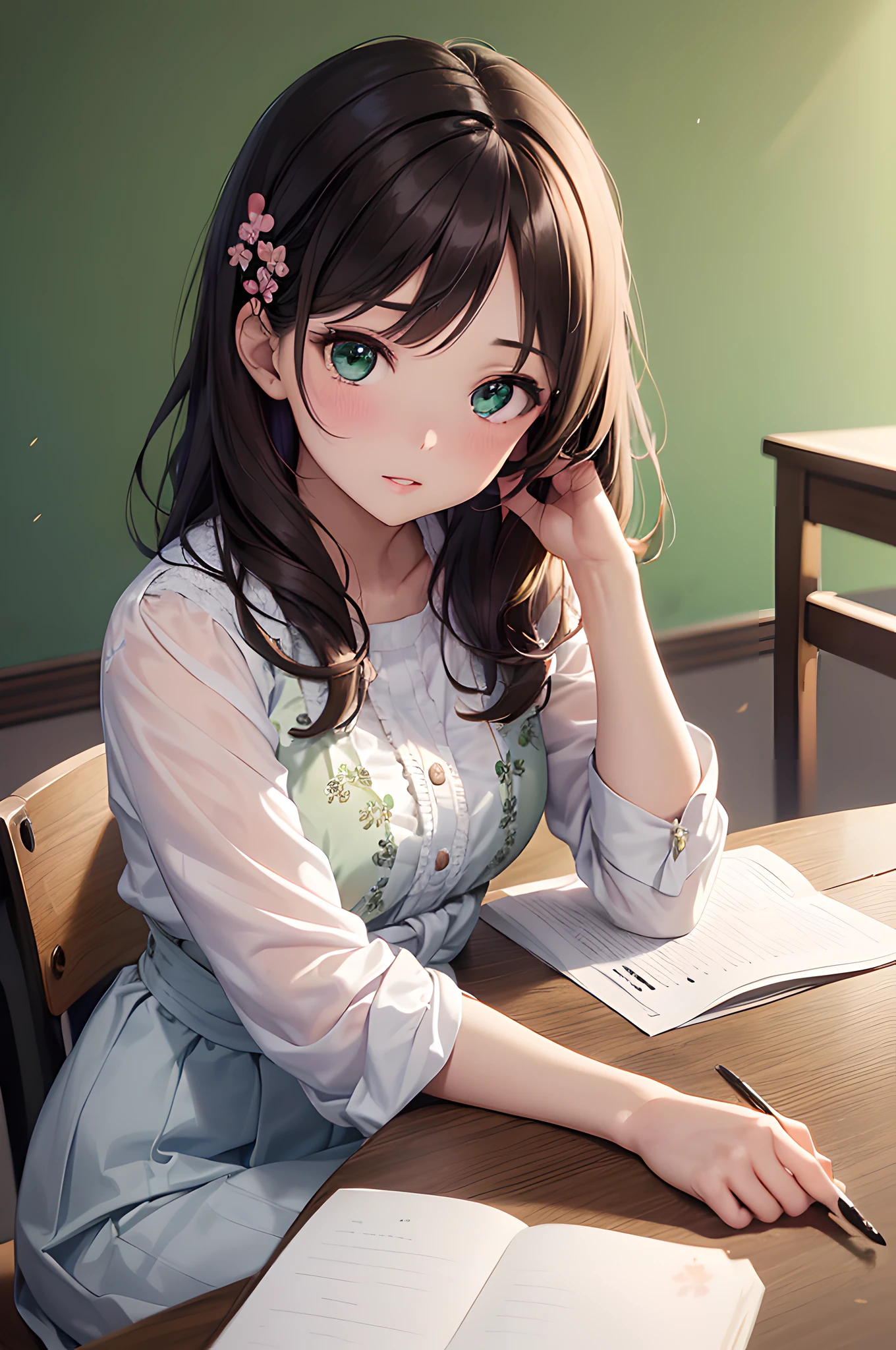 (masterpiece), (portrait), (aesthetic), (beautiful), (upper blody), (high quality), (aesthetic clothings), (professional angle), (rule of thirds), (Feminine), (woman), (female), (beautiful),(feminine features), (21 years), solo, 1 woman, (attractive Japanese), Spring, (Falling Cherry Blossoms), (Evening), (Soft light), ((Lip Rounding)), (Resting on a Desk Hands), ((Looking towards the Camera Face)), ((flushed)), (Light and Fresh Make-up), (Moderate Bust), (Dainty Hairpin), ((Medium Length Hair)), (Dark Brown Hair), (Straight Hair), (Loose Waves hair), (Floral Hair Clip in Hair), (Half Open Eyes), (Emerald Green Eyes), (Cute Look), Fair skin, (Subtle Embroidery Clothing), (Flowy Blouse), (-), (A-line Skirt ), (Sweetheart Neckline), ((Classroom background)), (Close-Up Shot),