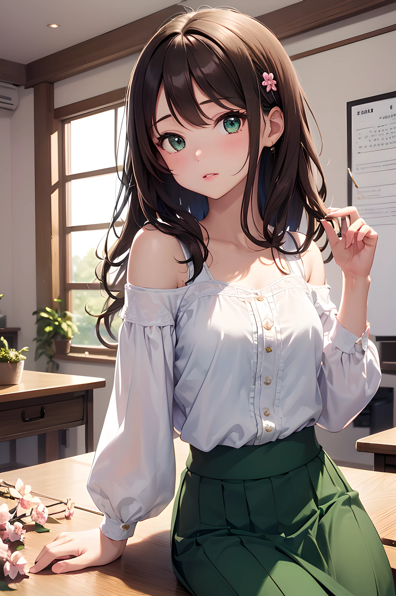 (masterpiece), (portrait), (aesthetic), (beautiful), (upper blody), (high quality), (aesthetic clothings), (professional angle), (rule of thirds), (Feminine), (woman), (female), (beautiful),(feminine features), (21 years), solo, 1 woman, (attractive Japanese), Spring, (Falling Cherry Blossoms), (Evening), (Soft light), ((Lip Rounding)), (Resting on a Desk Hands), ((Looking towards the Camera Face)), ((flushed)), (Light and Fresh Make-up), (Moderate Bust), (Dainty Hairpin), ((Medium Length Hair)), (Dark Brown Hair), (Straight Hair), (Loose Waves hair), (Floral Hair Clip in Hair), (Half Open Eyes), (Emerald Green Eyes), (Cute Look), Fair skin, (Subtle Embroidery Clothing), (Flowy Blouse), (-), (A-line Skirt ), (Sweetheart Neckline), ((Classroom background)), (Close-Up Shot),