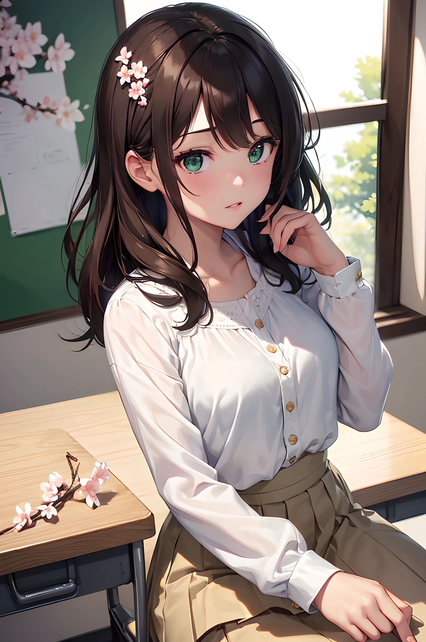 (masterpiece), (portrait), (aesthetic), (beautiful), (upper blody), (high quality), (aesthetic clothings), (professional angle), (rule of thirds), (Feminine), (woman), (female), (beautiful),(feminine features), (21 years), solo, 1 woman, (attractive Japanese), Spring, (Falling Cherry Blossoms), (Evening), (Soft light), ((Lip Rounding)), (Resting on a Desk Hands), ((Looking towards the Camera Face)), ((flushed)), (Light and Fresh Make-up), (Moderate Bust), (Dainty Hairpin), ((Medium Length Hair)), (Dark Brown Hair), (Straight Hair), (Loose Waves hair), (Floral Hair Clip in Hair), (Half Open Eyes), (Emerald Green Eyes), (Cute Look), Fair skin, (Subtle Embroidery Clothing), (Flowy Blouse), (-), (A-line Skirt ), (Sweetheart Neckline), ((Classroom background)), (Close-Up Shot),