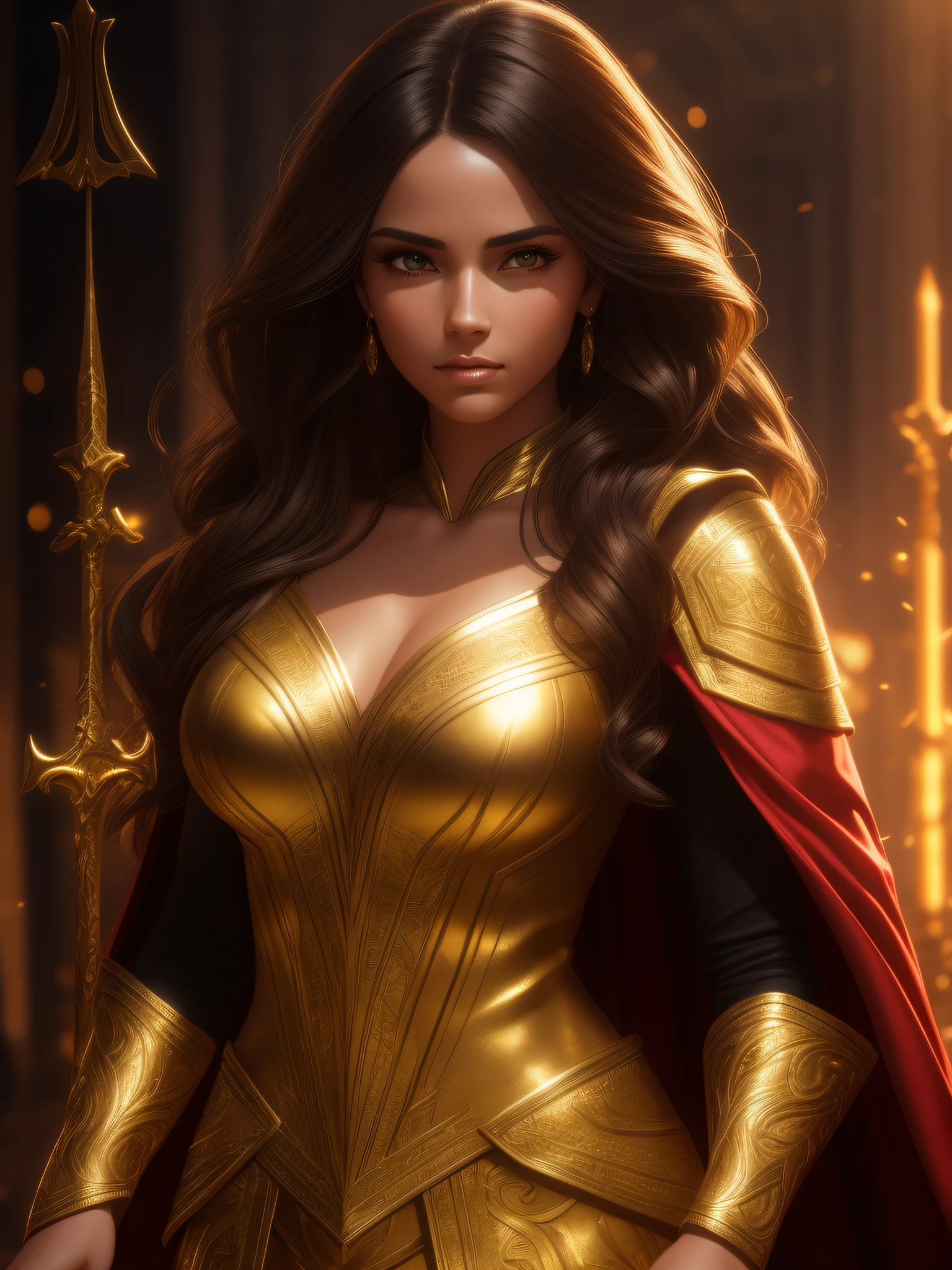 extremely beautiful young lady, subtle makeup, golden hour, photorealistic, high contrast, 8k HD, detailed, hyper-detailed, realistic skin texture, long dark hair, big breast best quality, ultra high res, raw photo, dramatic lighting, unreal engine, diffuse glow intricate golden eaba, red cape, spear,