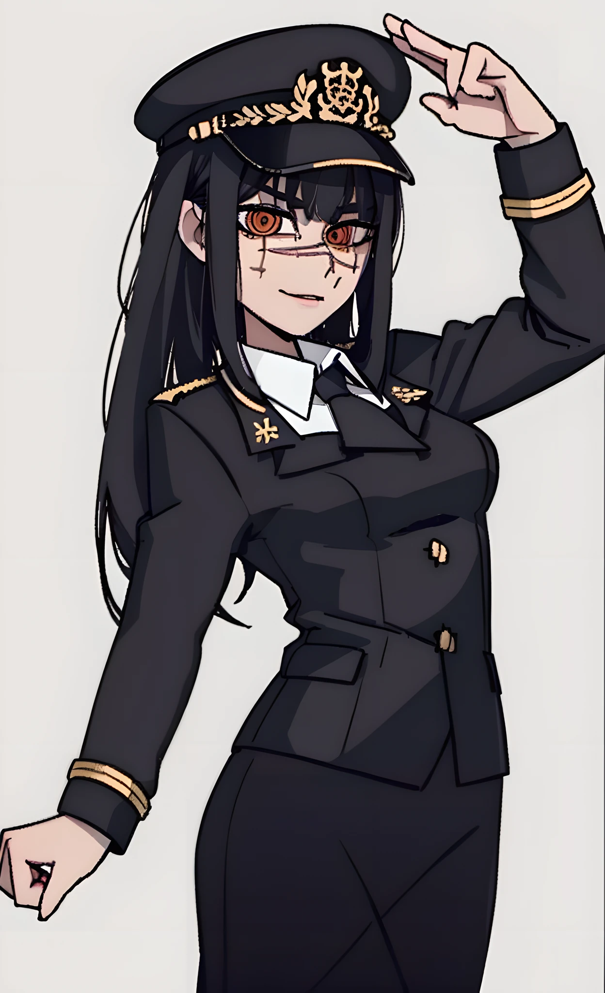 (masterpiece, best quality: 1.2), Solo, 1girl, Yoru \(Chainsaw Man\), looking at the viewer, different poses, red eye, long hair, completely black hair, reference to clothing of a German WWII general, black long sleeves (best quality), scar on face, beautiful eyes, has only 2 arms, has war medals on his clothes, Black Military Cap, Golden Eagle Medal on Clothing, (Wallpaper), (8K HD), (8K HD), Golden Shoulder Pads, Sprites, 1 Single Design (masterpiece, best quality: 1.2), Solo, 1girl, Yoru \(Chainsaw Man\), looking at the viewer, smile, happy, different poses, red eye, long hair, completely black hair, reference to clothing of a German WWII general, black long sleeves (best quality), scar on face, beautiful eyes, has only 2 arms, has war medals on his clothes, black military cap, golden eagle medal on clothing, (wallpaper), (8K HD), (8K HD), (8K HD), golden shoulder pads, sprites, 1 single design