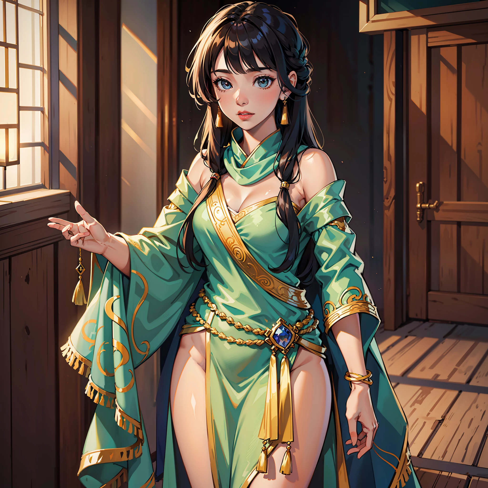 Beautiful Tenjin, hair hanging down the shoulders, high gold curry set with precious stones, masterpiece, best quality, (real, realism: 14), (original photo: 12), extremely fine CG-8k paper, extremely delicate beauty, amazing, fine details, official art, absurd, unbelievable
(Silkworm: 1), full body, medium chest, standing, shoulder shawl, Yingluo shawl, dewy, bangs, uzang -6500-v1.1
Beautiful girl, light on the face, n5, 10, cute, looking at the audience, (perfect female figure) --auto --s2
