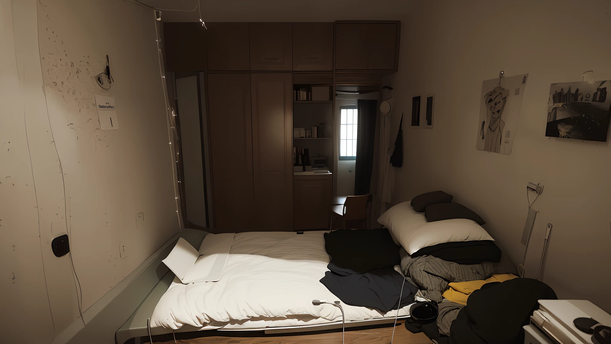 There is a bed with a laptop on it in a small room, small room, furnished room, dark room, real picture, inside a room, interior of a small room, in small room, room with strange feeling, listing image, apartment of an art student, dirty room, large spaced room, tons of rooms, completely filled space