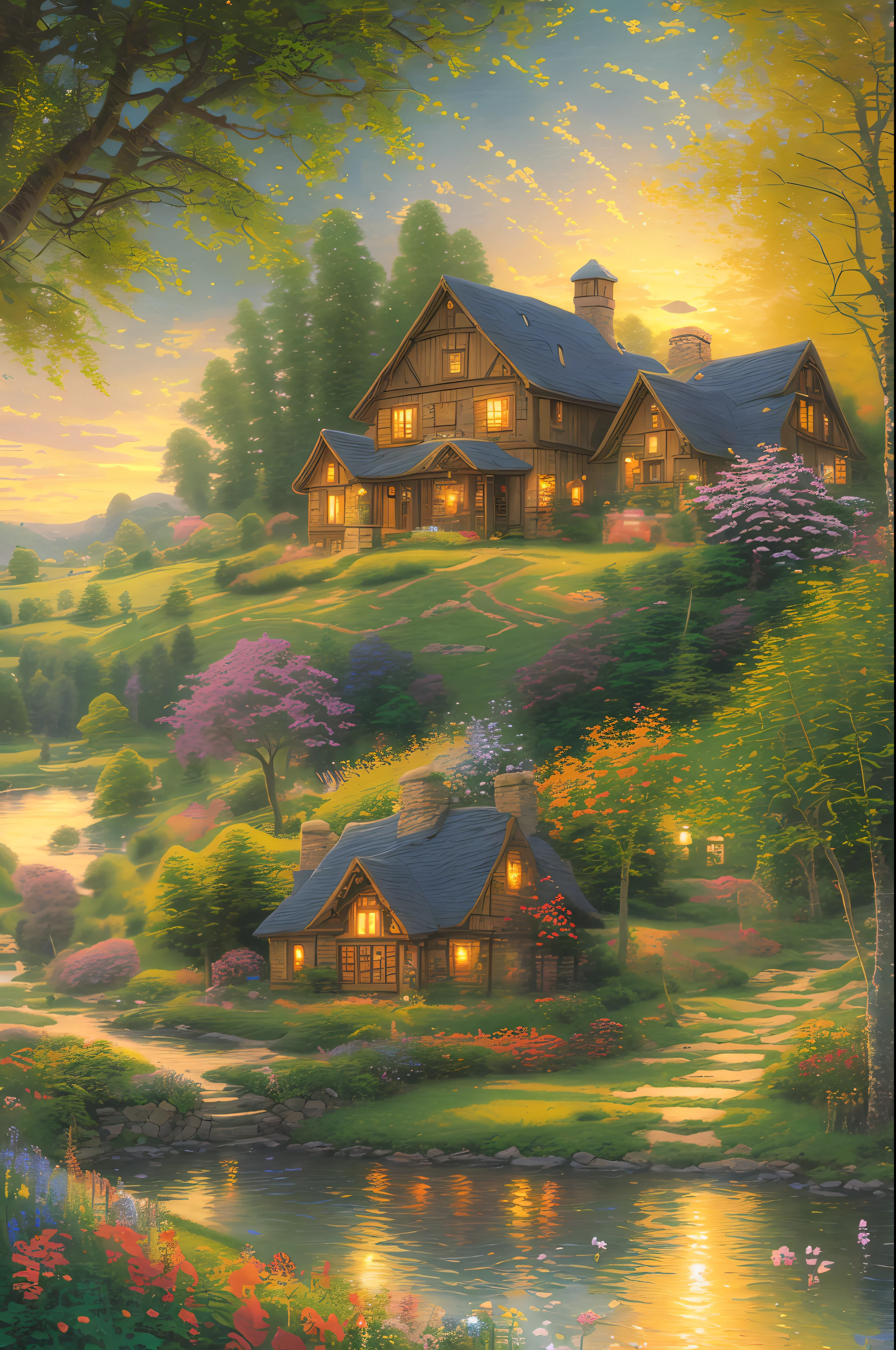 ((best quality)), ((masterpiece)), (detailed), serene summer village, (Thomas Kinkade:1.2), (realism:1.1), (countryside:1.1), golden sunlight, (peaceful atmosphere:1.2), (rolling hills:1.1), (rustic farmhouses:1.1), (colorful wildflowers:1.2), (tranquil pond:1.1), (willow trees:1.1), (country road:1.2), (warmth and tranquility:1.1), high-resolution