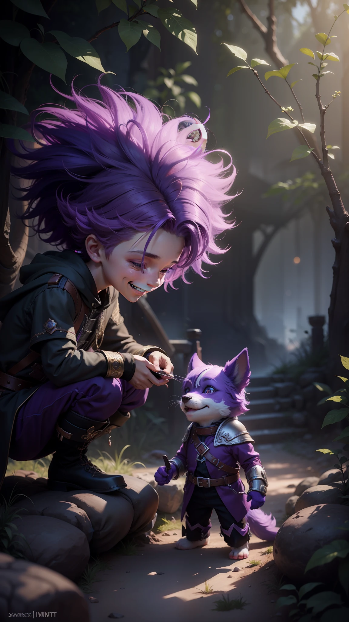 Purple haired boy with purple hair and purple outfit, smiling, smiling and kneeling next to a small dog, children's art in artstation, adorable digital painting, 8K octane render fantasy style, still from a fantasy movie, trend in CGSionity, fantasy art behance, epic fantasy digital art style, winner of CGSionity contest, Rolands Zilvinskis 3D render art, very happy face, boy smiling.