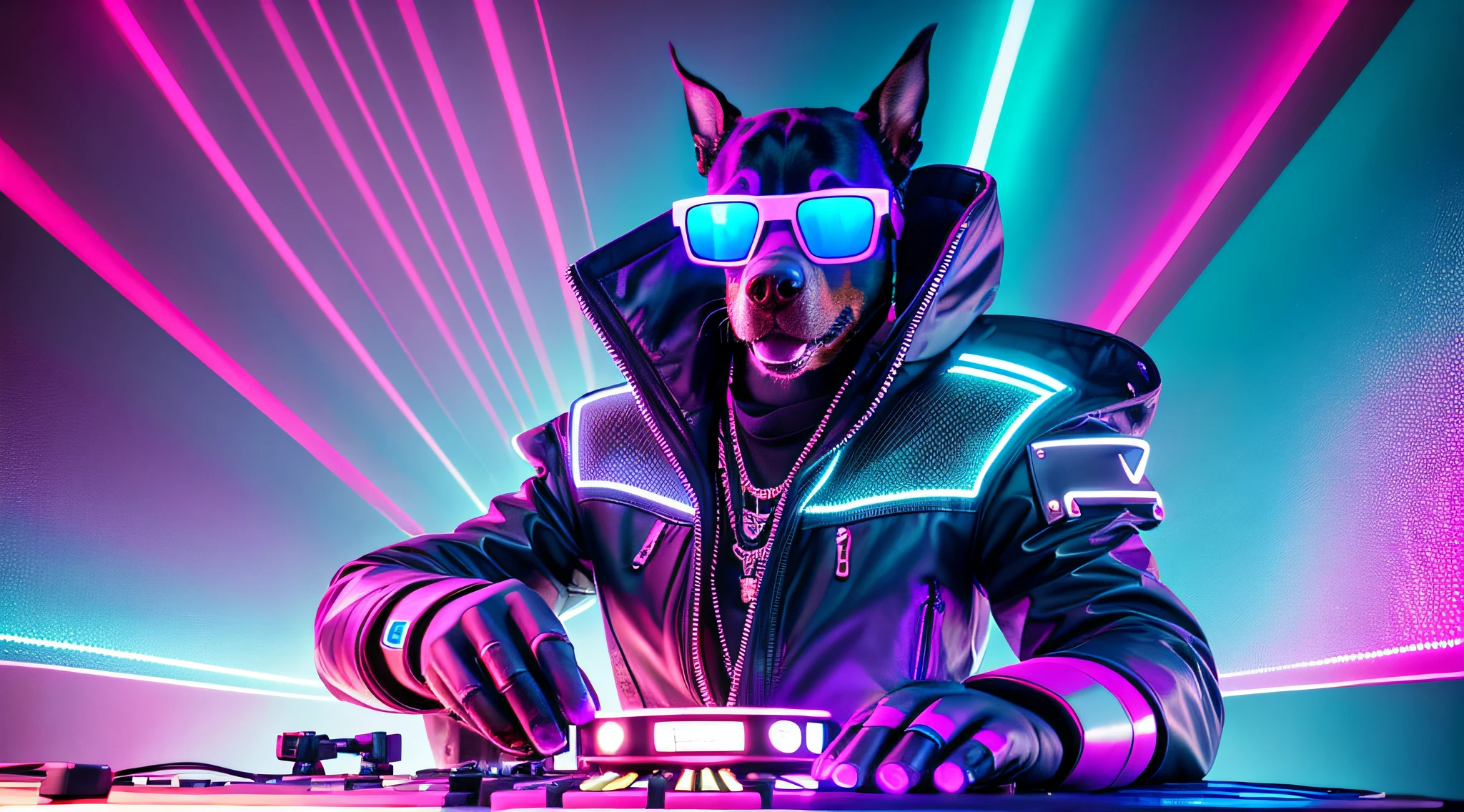 an anthropomorphic cyberpunk doberman photo playing on turntables with color light effects, blue color ambient, sythwave, in cyber punk 2077, cyber songman, spinning decks, and sunglasses, exquisite detail, 4k, Canon EOS R1, 85mm lens, very sharp image,