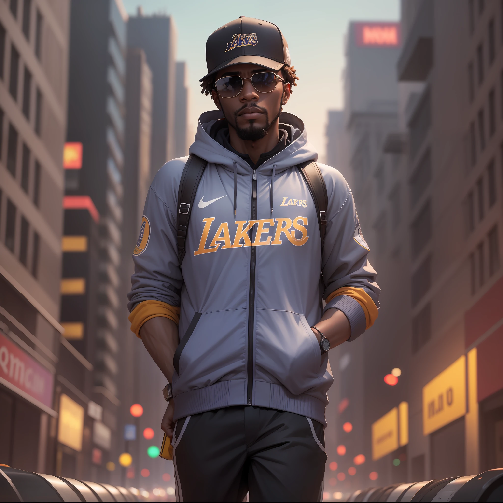 "Young black man, with a short beard, in a Basquet jacket in the colors of the Lakers, a cap and sunglasses, standing on a deserted night street. The environment is dark, with lighting that highlights the shadows. The scene conveys an intense sense of loneliness and isolation. Buildings and distant lights are obscured by the night, producing trails of colorful and vibrant lights in the background. The camera is positioned at a dynamic angle, as if it were a film shot, giving a sense of action and suspense."