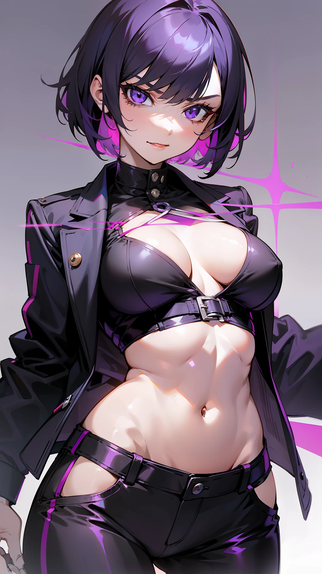 A girl, short hair + black color + purple tips, long sleeve shirt + white + open buttons, tight pants, black jacket, sexy, evil face