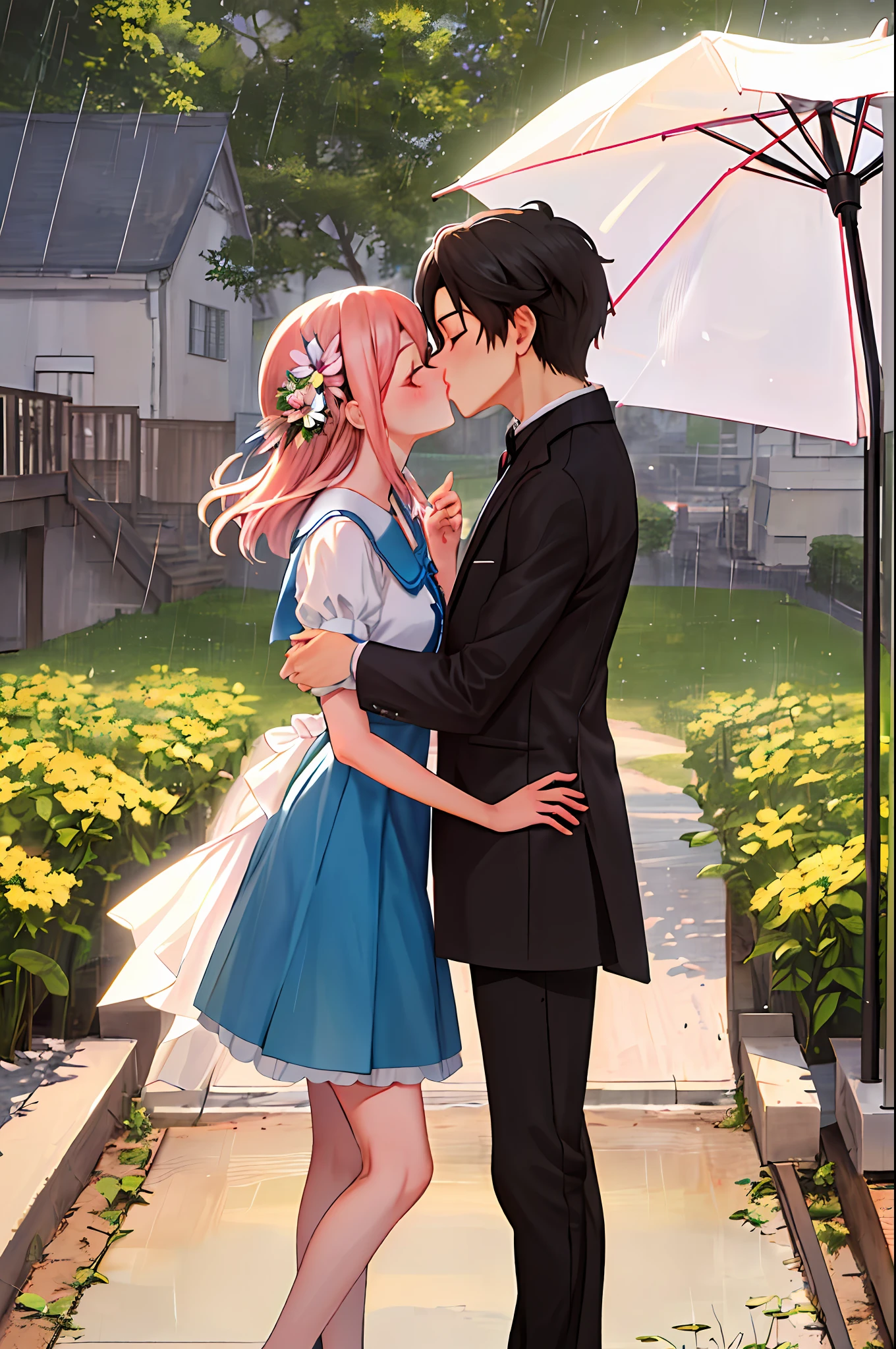 A couple kisses under an umbrella in the field, kissing is a wordless incantation, it rains, in the rain, kiss together cutely, stand in the rain, kiss together, rain background, rain falls, rain, people holding umbrella anime couple kissing in a flower field, photos of Lee Jeon-seok, Tumblr, series of art, kiss together cutely, Guvez style artwork, manga, art style of bovoort, high-quality fan art, cute, cute kiss, cute couple, art trends, couple pose, kiss together, 🍁 Highly detailed and refined fanart